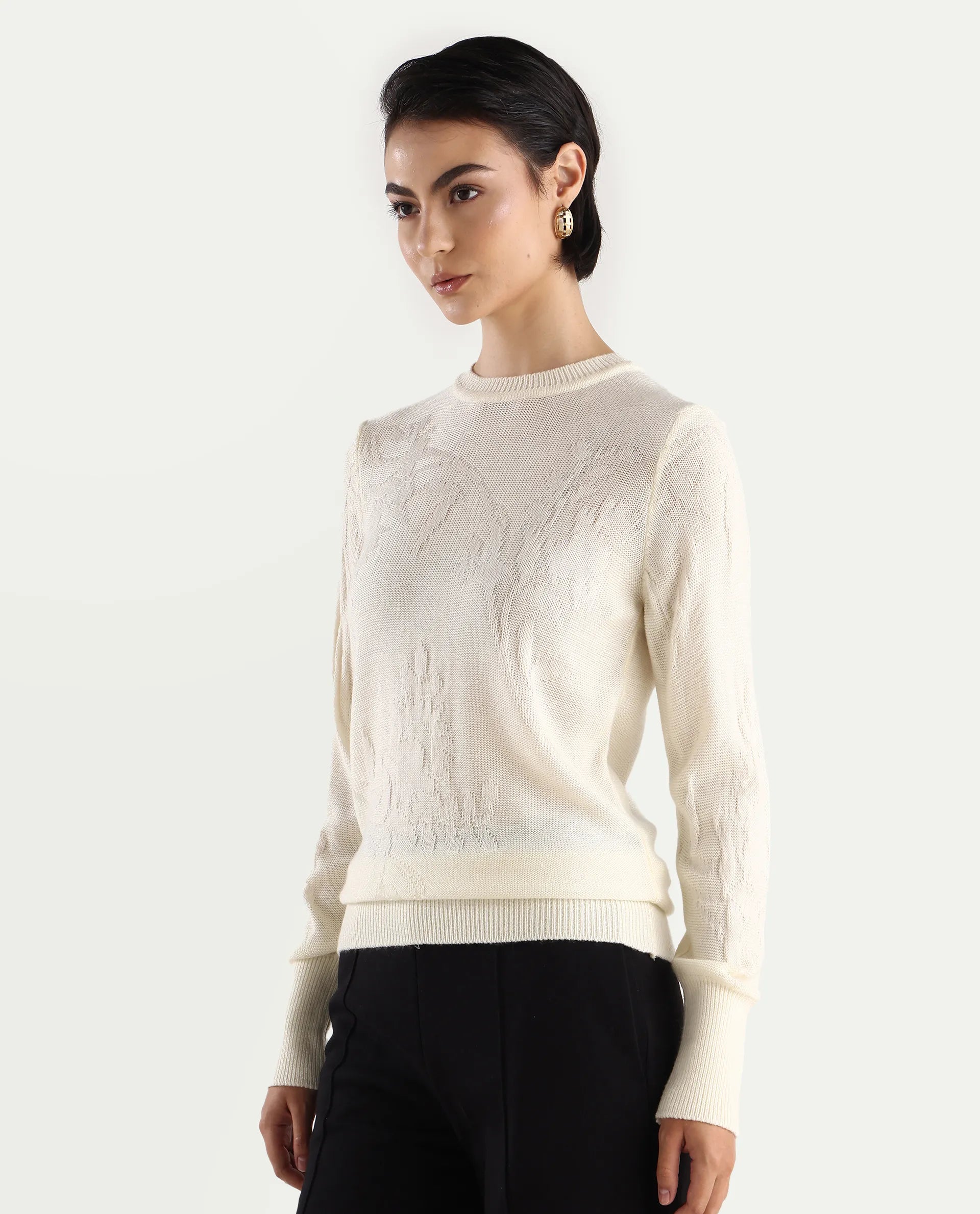 Rareism Women's Bloomy Off White Acrylic Crew Neck Jacquard Relaxed Fit Sweater