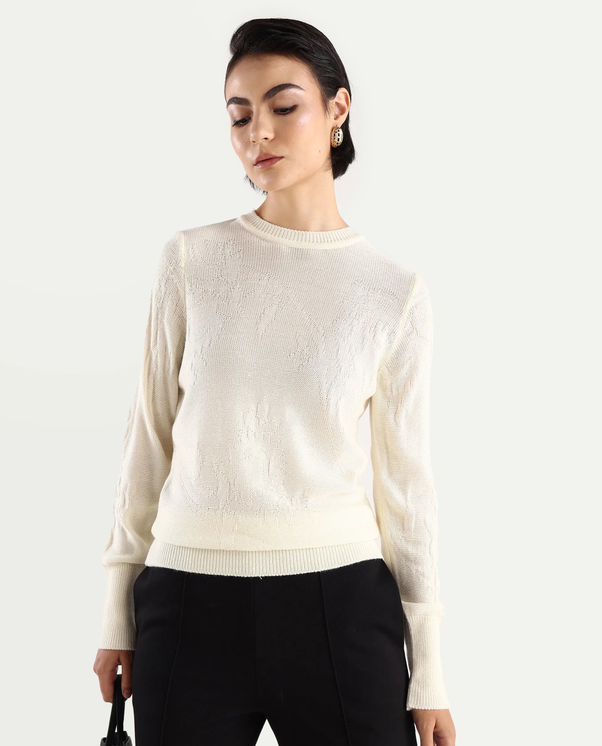 Rareism Women's Bloomy Off White Acrylic Crew Neck Jacquard Relaxed Fit Sweater