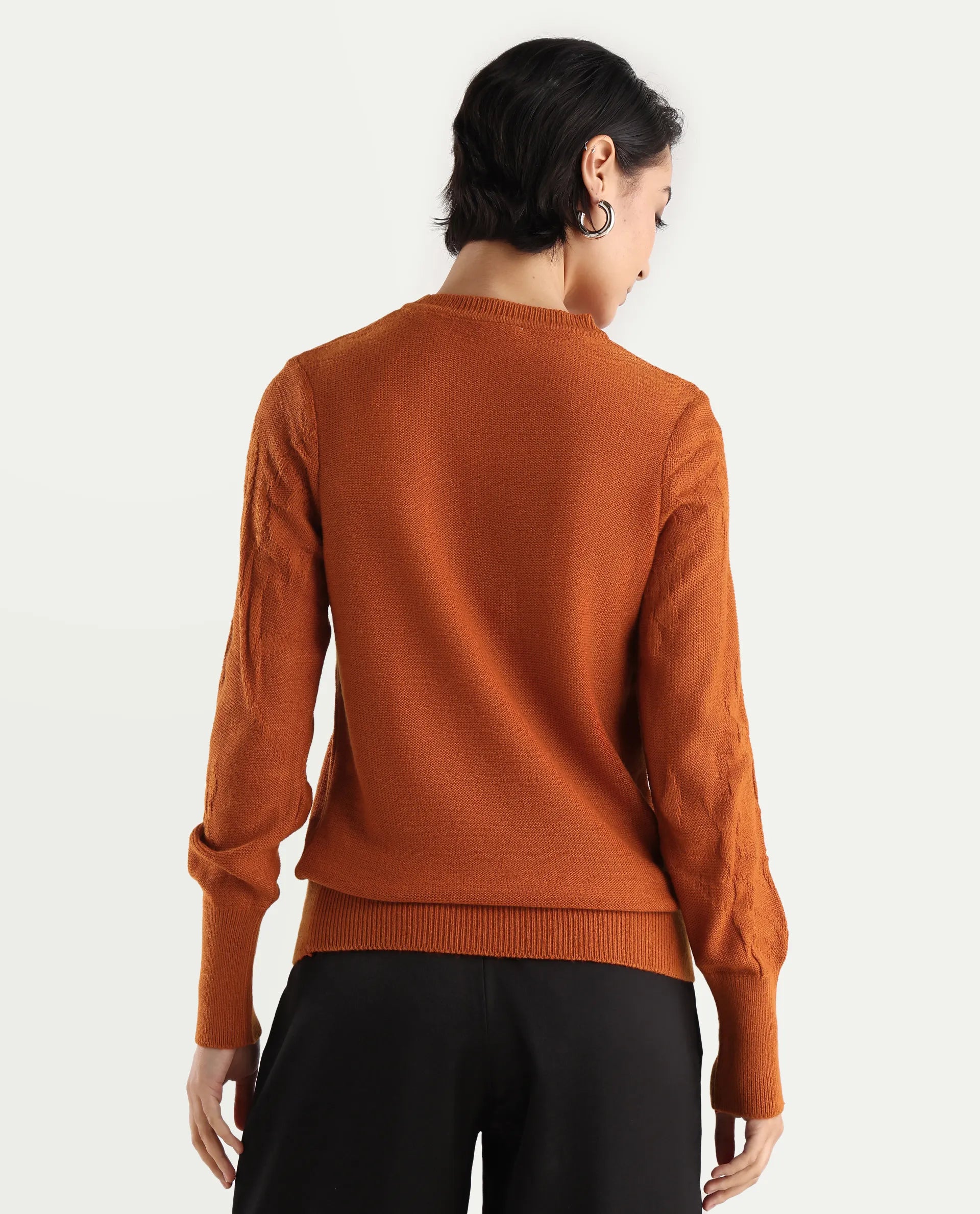 Rareism Women's Bloomy Rust Acrylic Crew Neck Jacquard Relaxed Fit Sweater