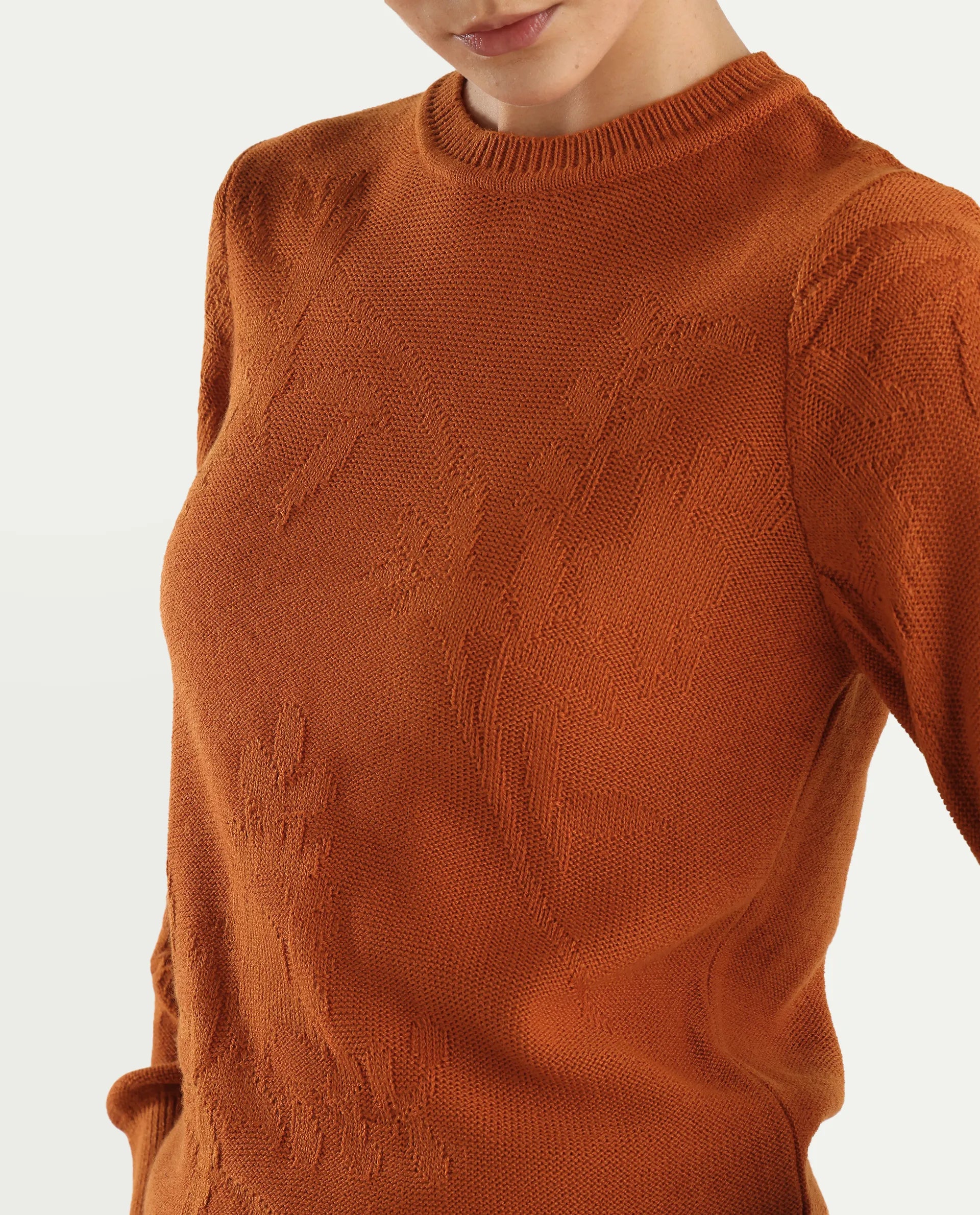Rareism Women's Bloomy Rust Acrylic Crew Neck Jacquard Relaxed Fit Sweater