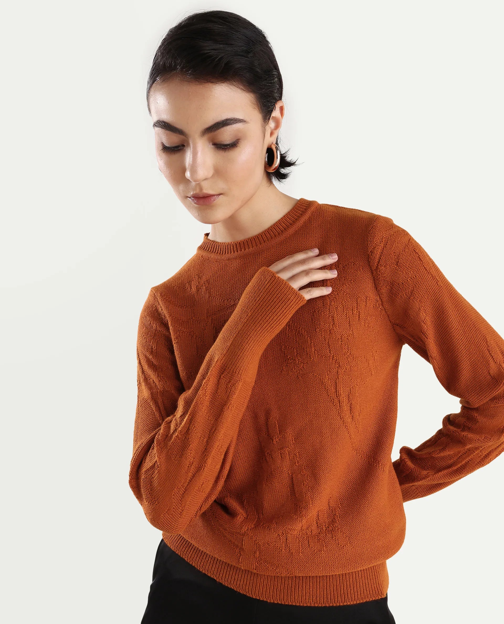 Rareism Women's Bloomy Rust Acrylic Crew Neck Jacquard Relaxed Fit Sweater