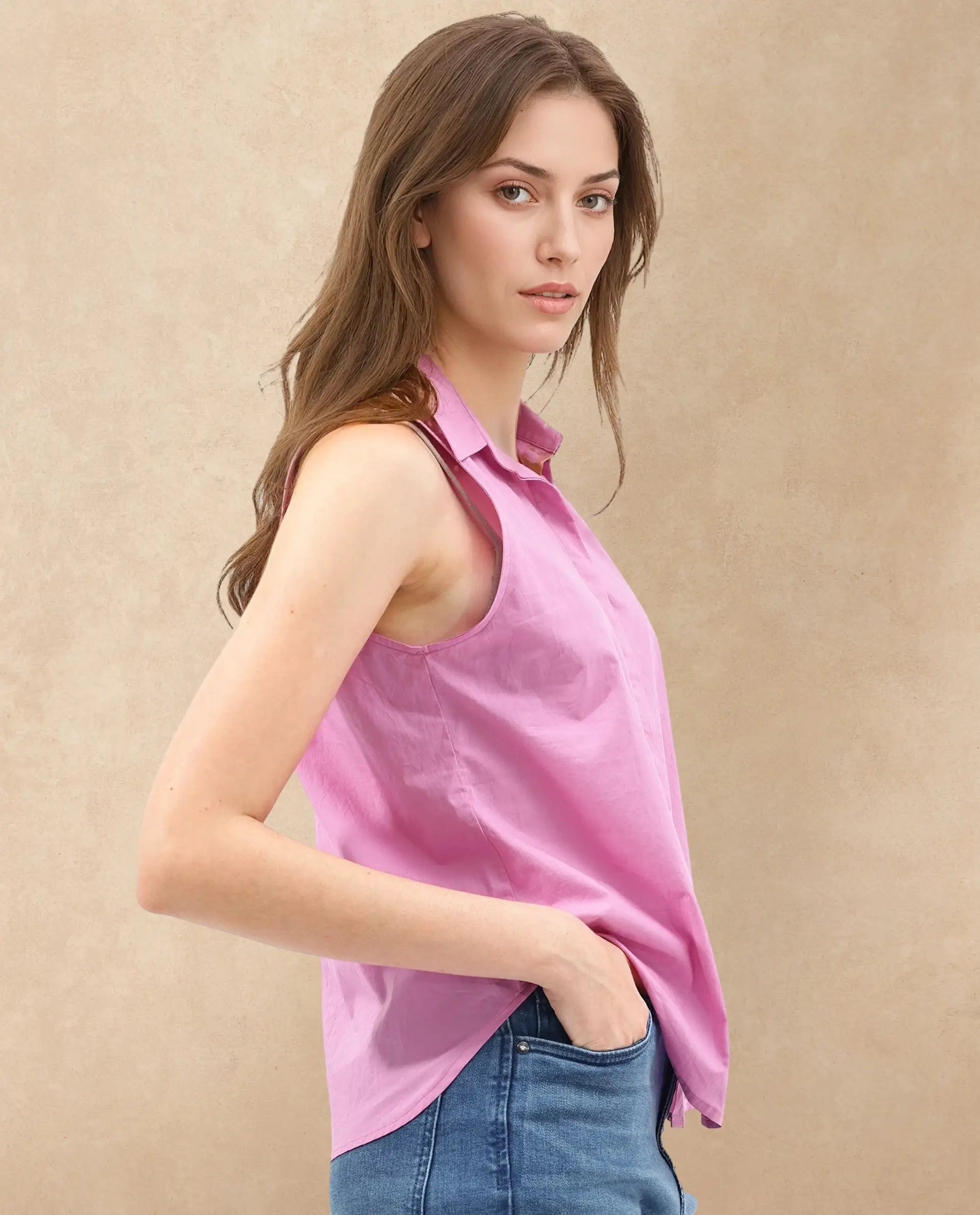 Rareism Women Blumoon-SC Pink Cotton Fabric Sleeveless Collared Neck Button Closure Solid Regular Fit Top