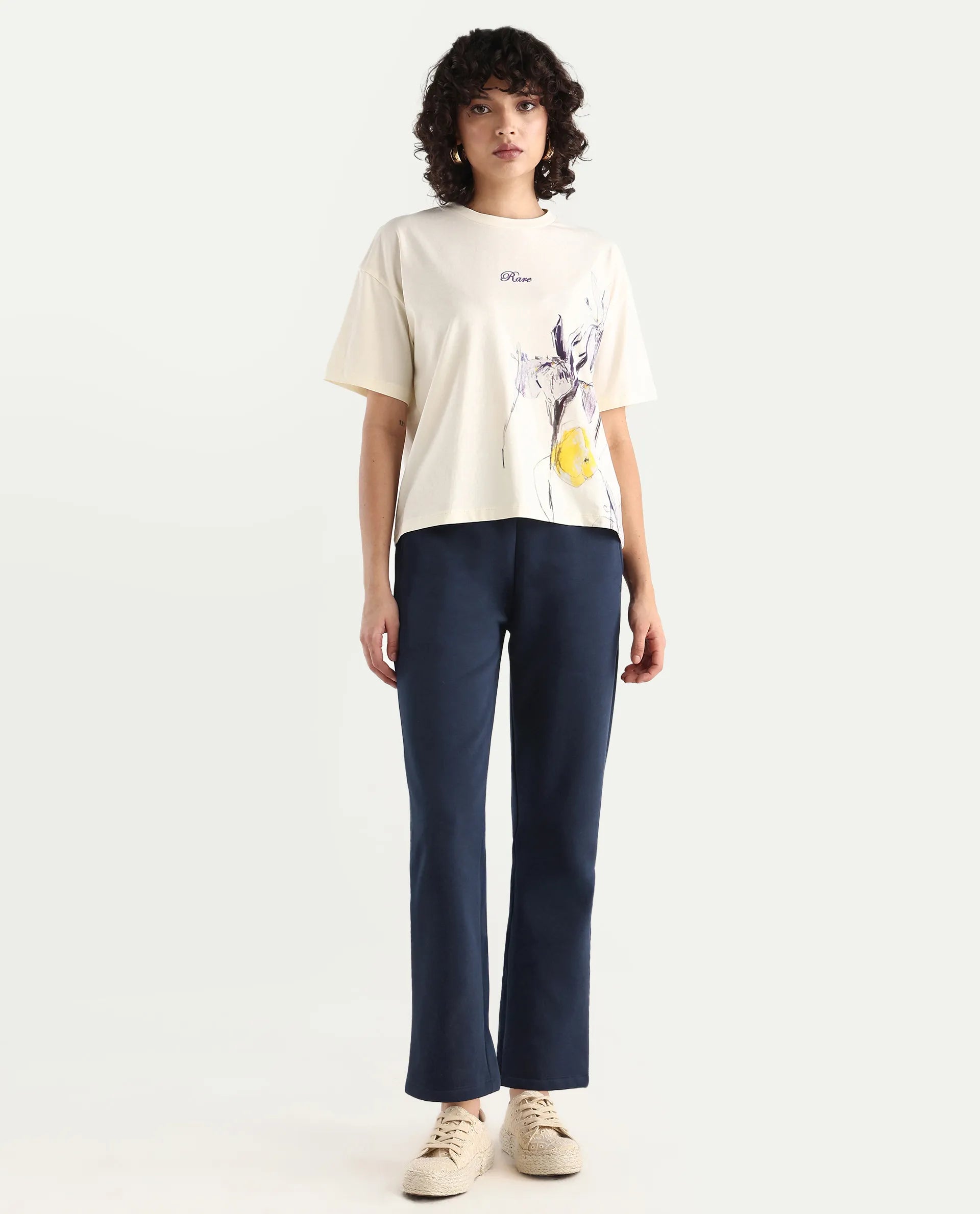 Rareism Women's Blunt Navy Cotton Blend Plain Ankle Length Regular Fit Track Pant