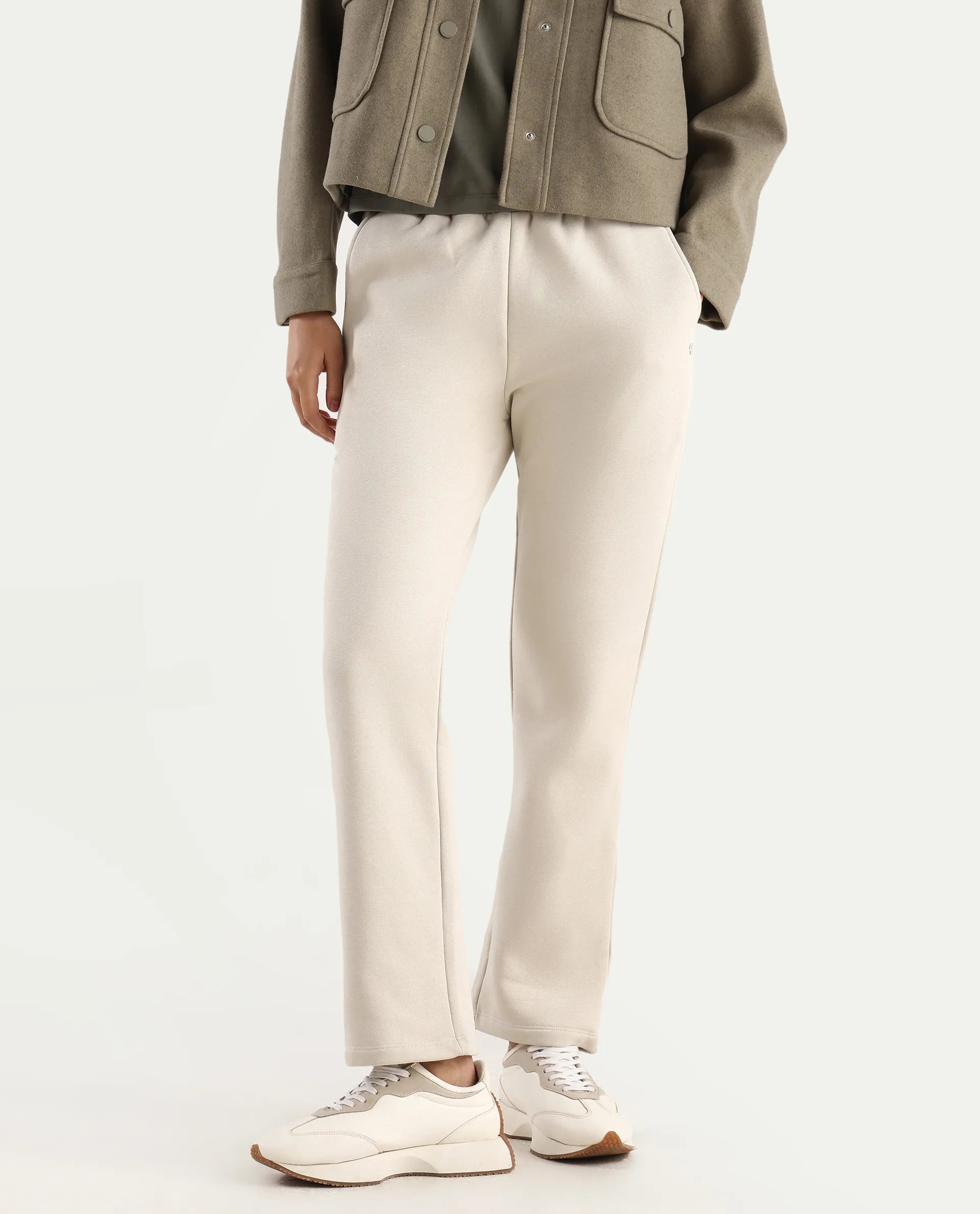 Rareism Women's Blunt Off White Cotton Blend Plain Ankle Length Straight Fit Track Pant