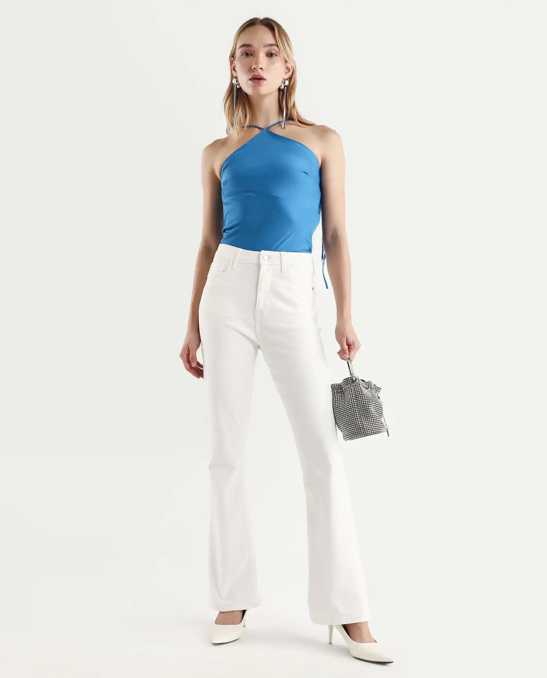 Rareism Women's Bluray Fluorescent Blue Polyester Halter Neck Plain Sleeveless Regular Fit Top