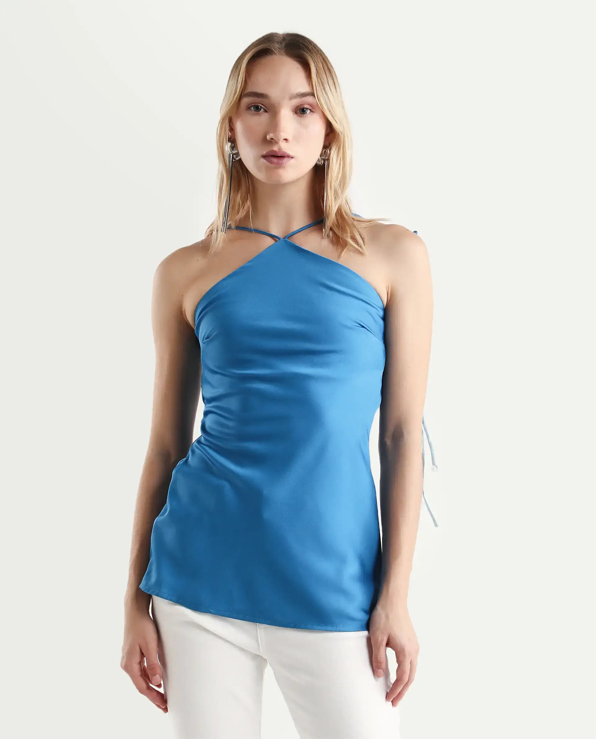 Rareism Women's Bluray Fluorescent Blue Polyester Halter Neck Plain Sleeveless Regular Fit Top