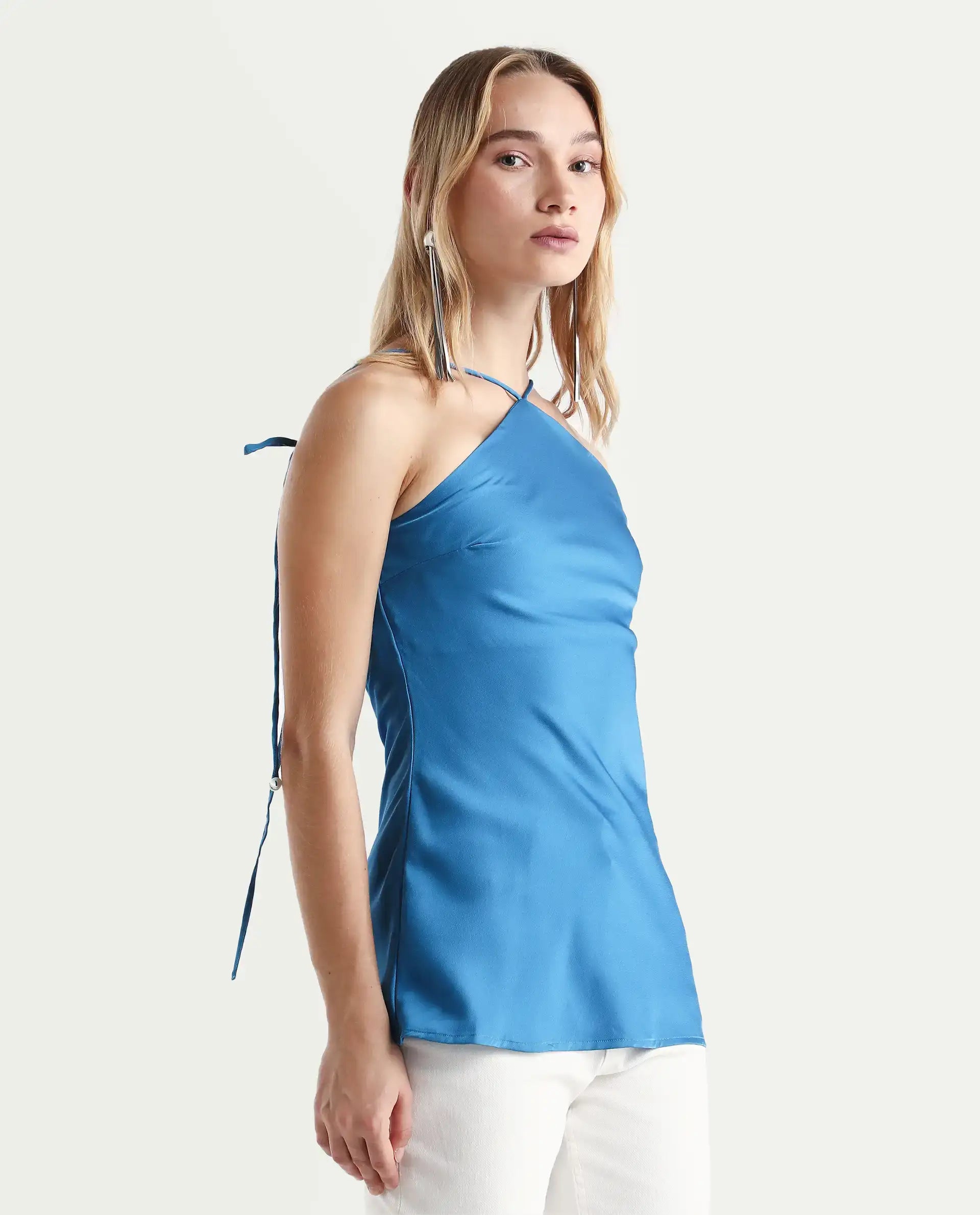 Rareism Women's Bluray Fluorescent Blue Polyester Halter Neck Plain Sleeveless Regular Fit Top
