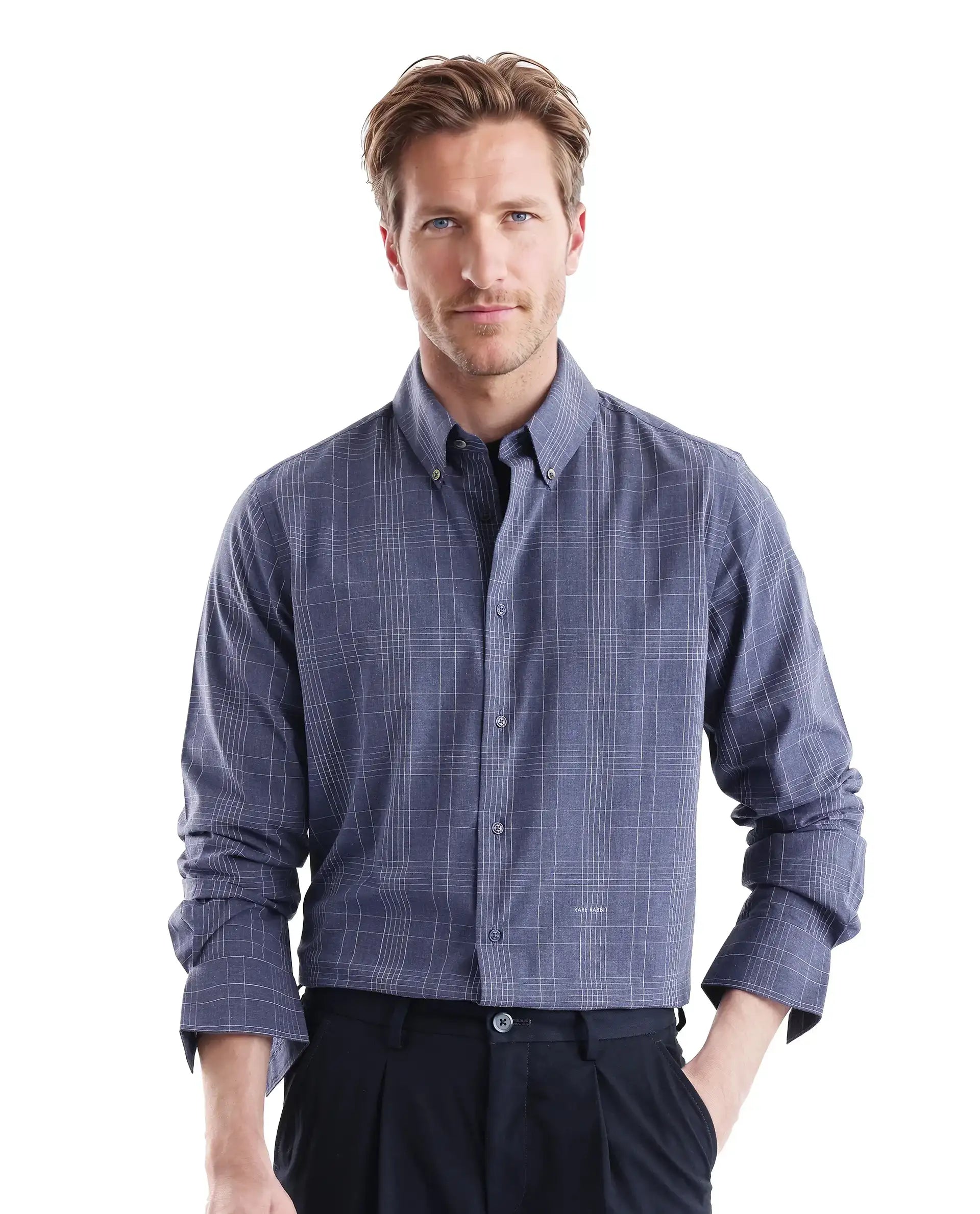 Rare Rabbit Men's Blute Dark Navy Cotton Fabric Full Sleeve Regular Fit Checks Shirt