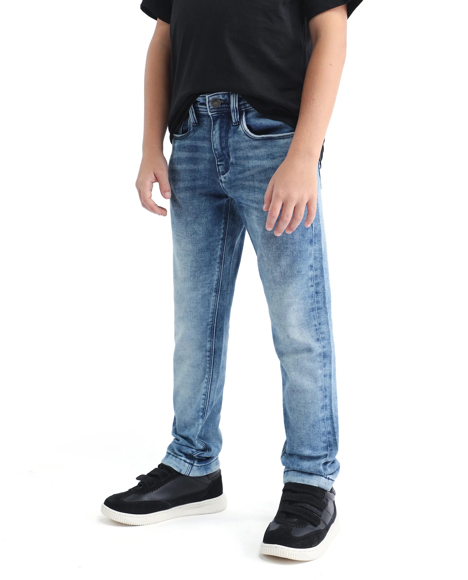 Rare Ones Kids Blux-K Dark Blue Cotton Blend Button And Zip Closure Plain Slim Fit Jeans