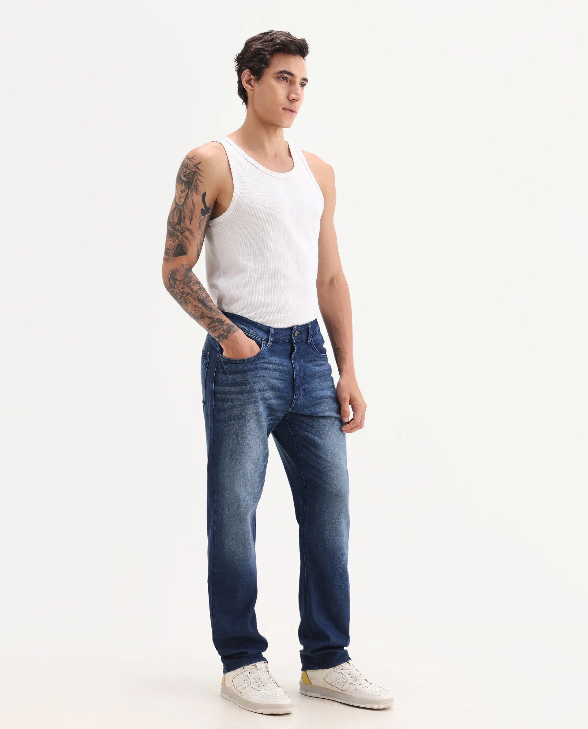 Rare Rabbit Men's Bluxx Dark Blue Cotton Blend Fabric Morris Regular Plain Jeans
