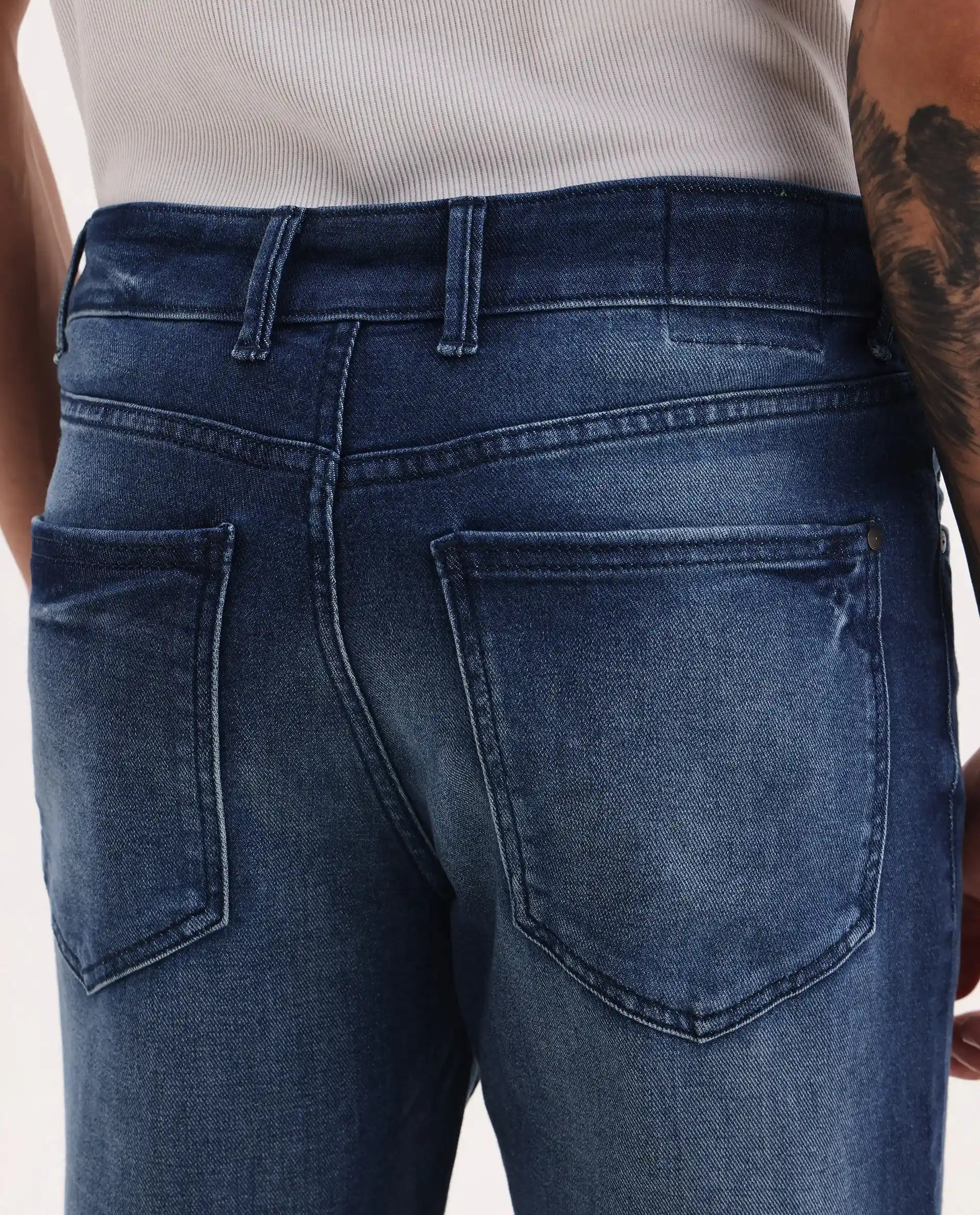 Rare Rabbit Men's Bluxx Dark Blue Cotton Blend Fabric Morris Regular Plain Jeans