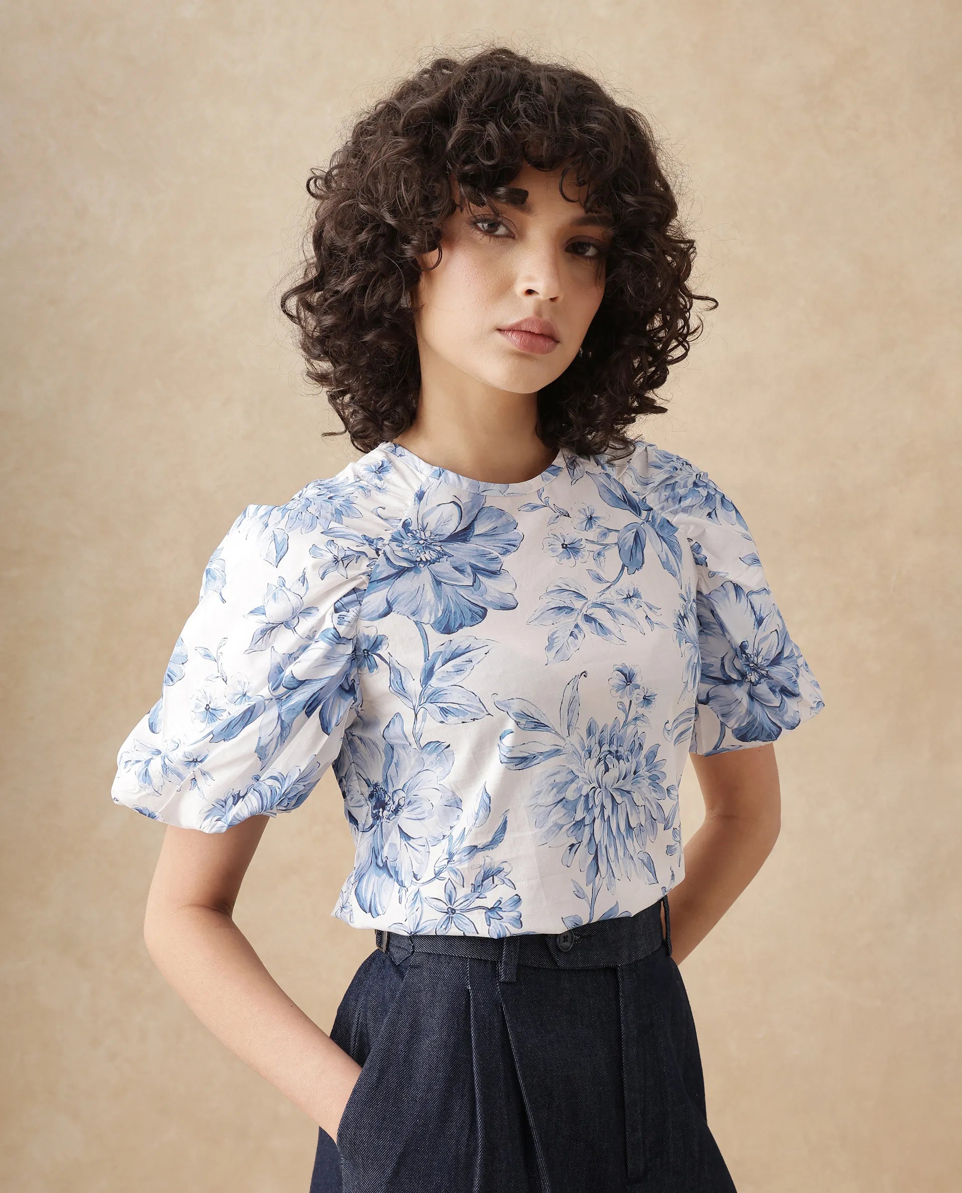 Rareism Women's Bobbie Blue Cotton Drop Collar Floral Print Raglan Sleeve Regular Fit Top