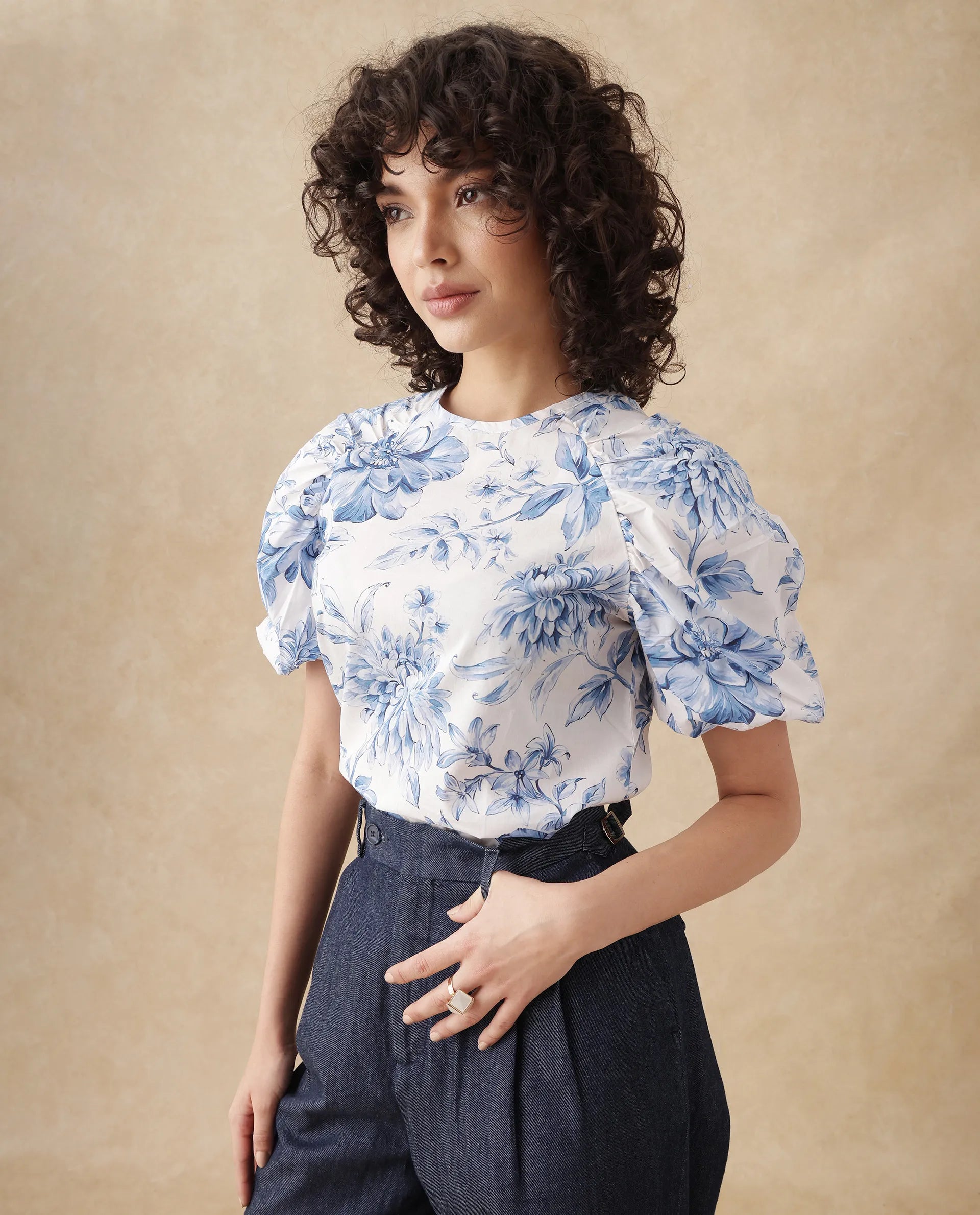 Rareism Women's Bobbie Blue Cotton Drop Collar Floral Print Raglan Sleeve Regular Fit Top