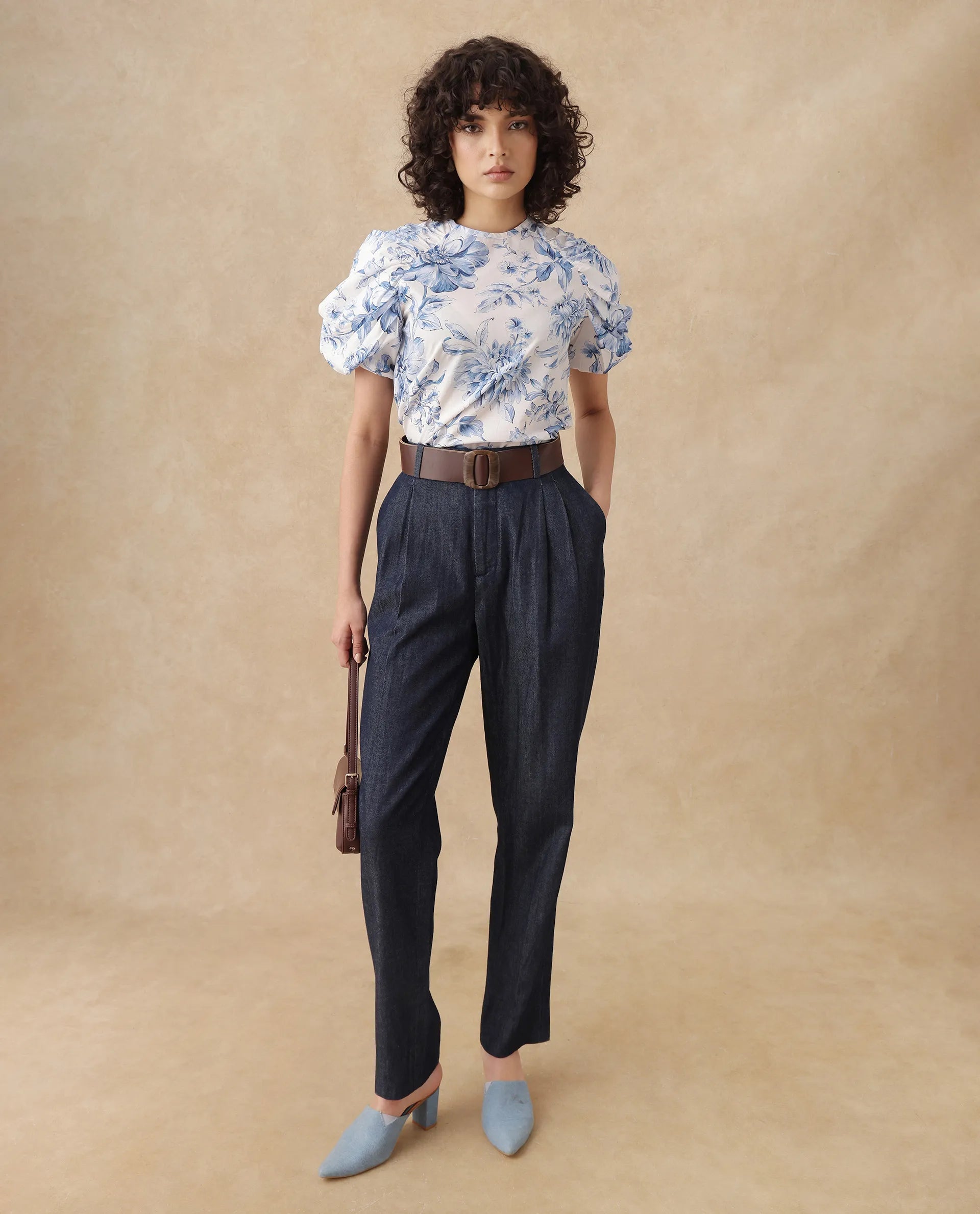 Rareism Women's Bobbie Blue Cotton Drop Collar Floral Print Raglan Sleeve Regular Fit Top