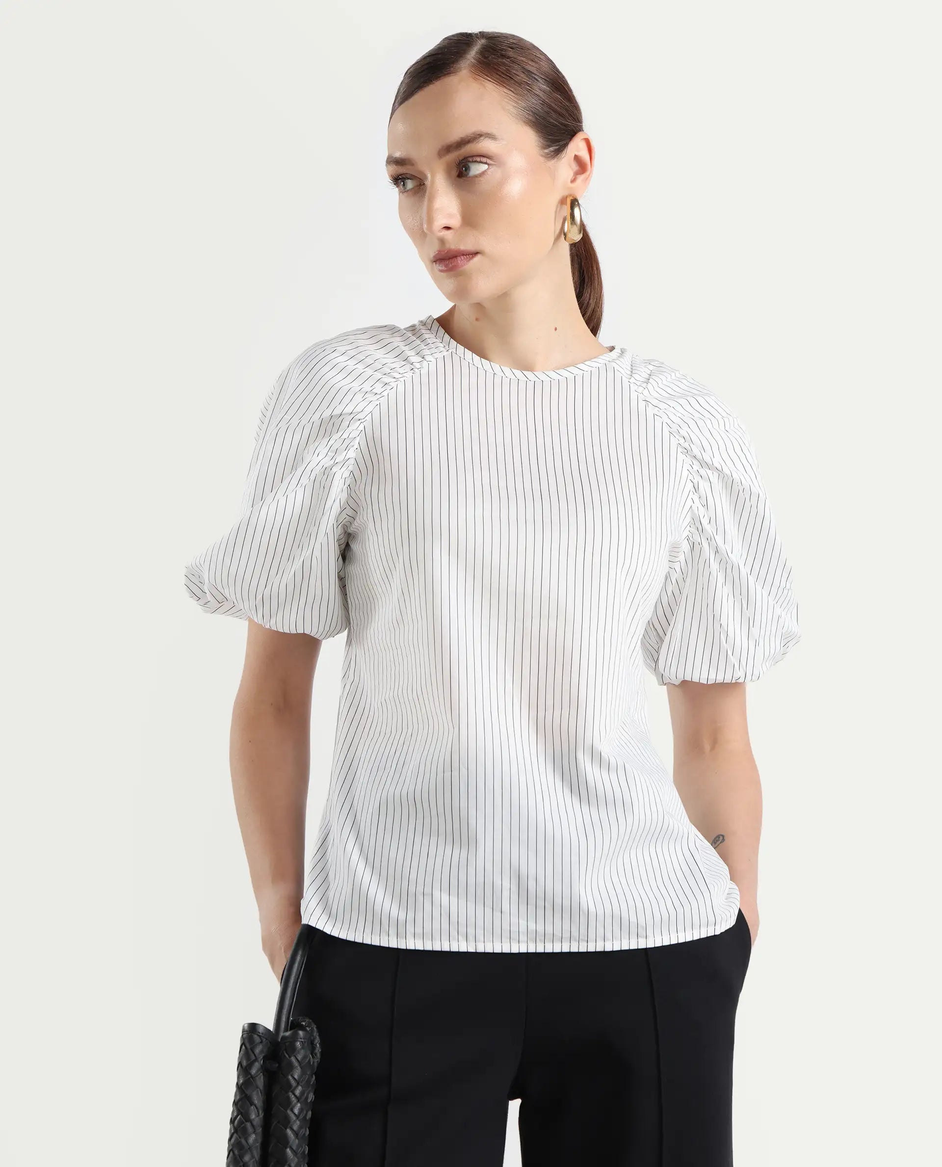 Rareism Women's Bobb White Cotton Drop Collar Striped Raglan Sleeve Regular Fit Top