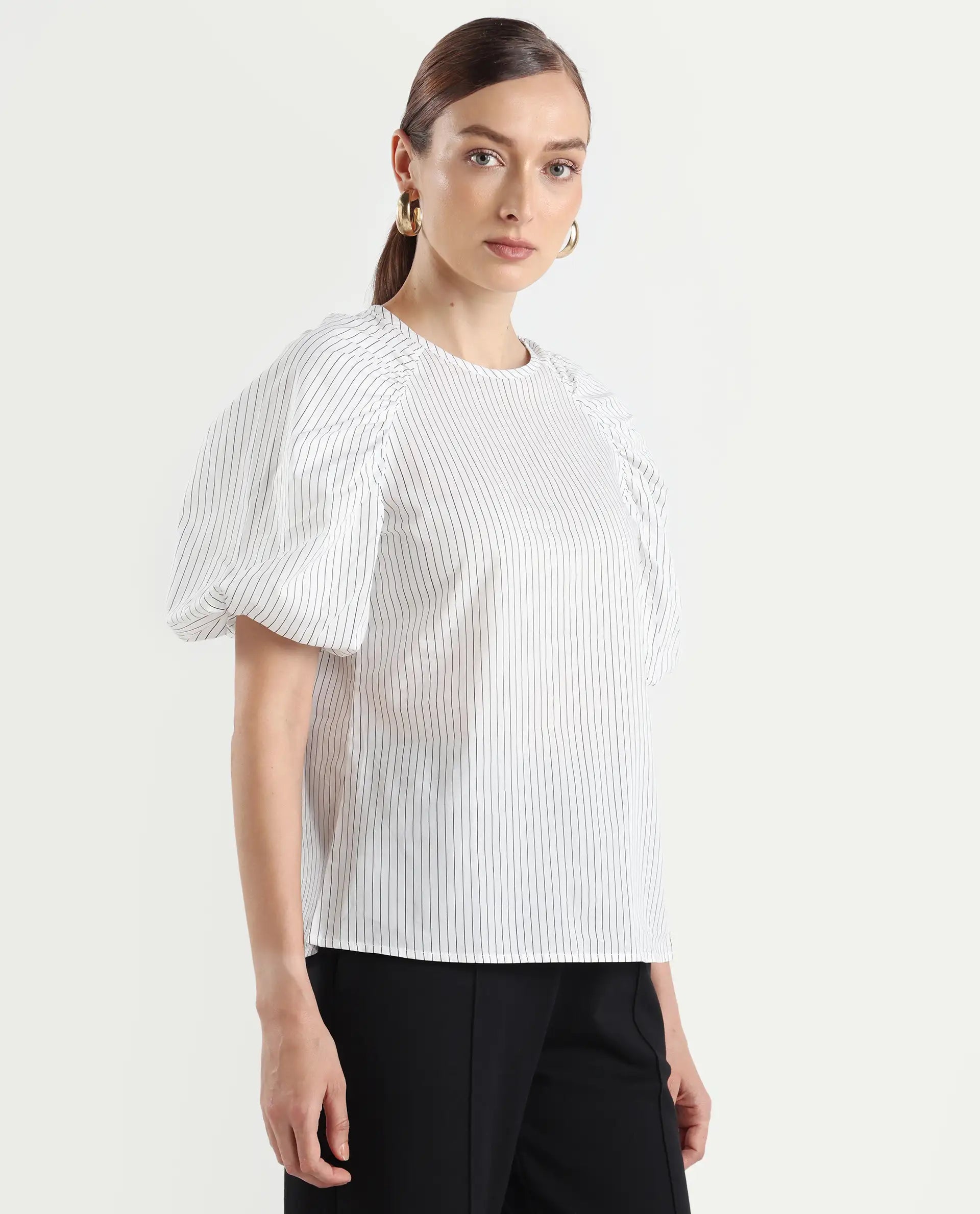 Rareism Women's Bobb White Cotton Drop Collar Striped Raglan Sleeve Regular Fit Top