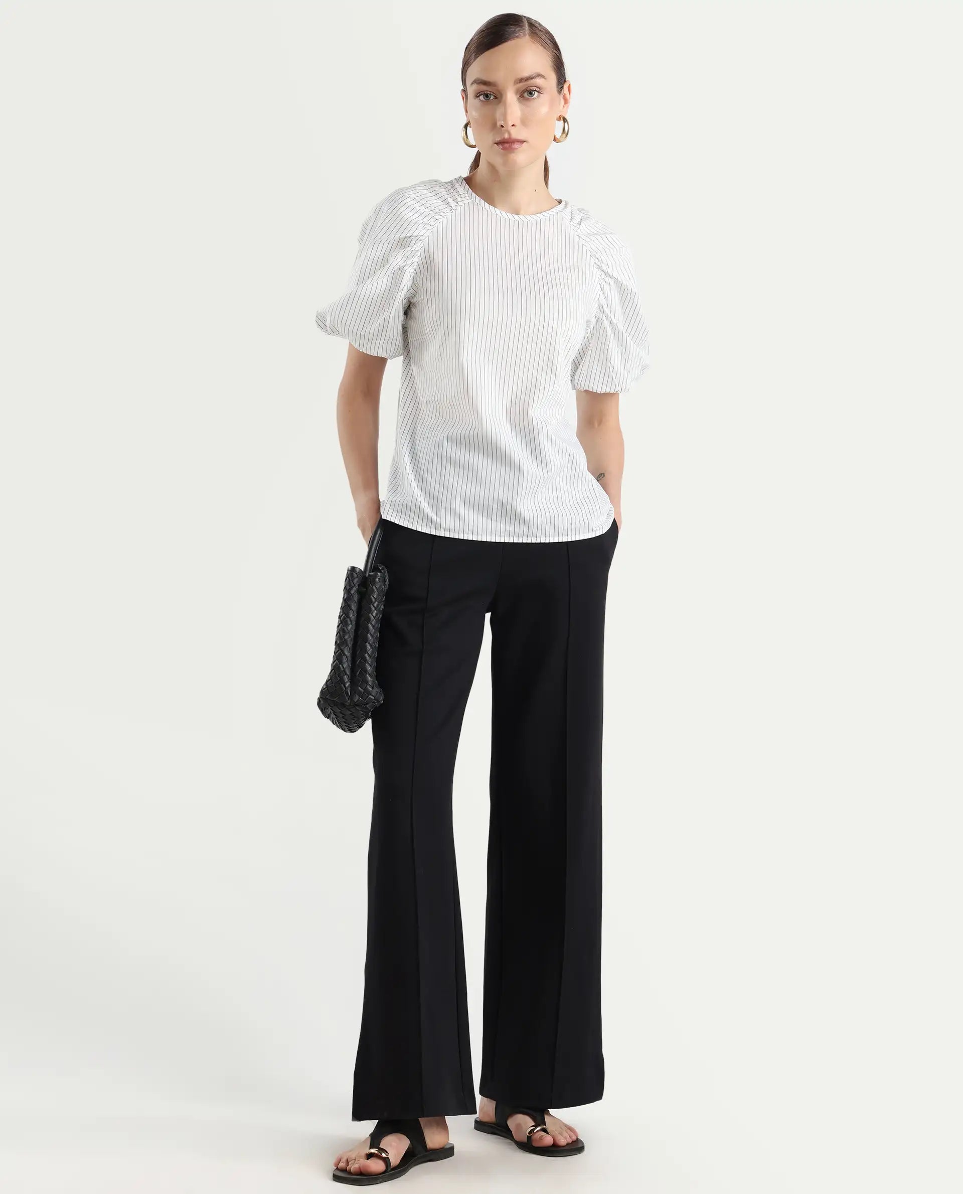 Rareism Women's Bobb White Cotton Drop Collar Striped Raglan Sleeve Regular Fit Top