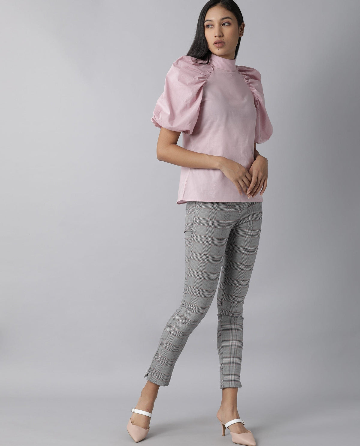 Rareism Womens Bobby Pink Top Cotton Fabric Half Sleeve High Neck