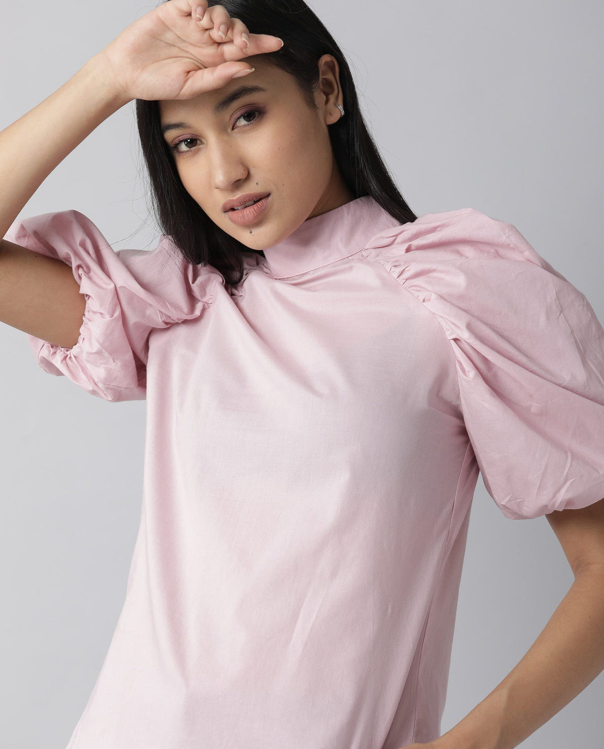 Rareism Womens Bobby Pink Top Cotton Fabric Half Sleeve High Neck