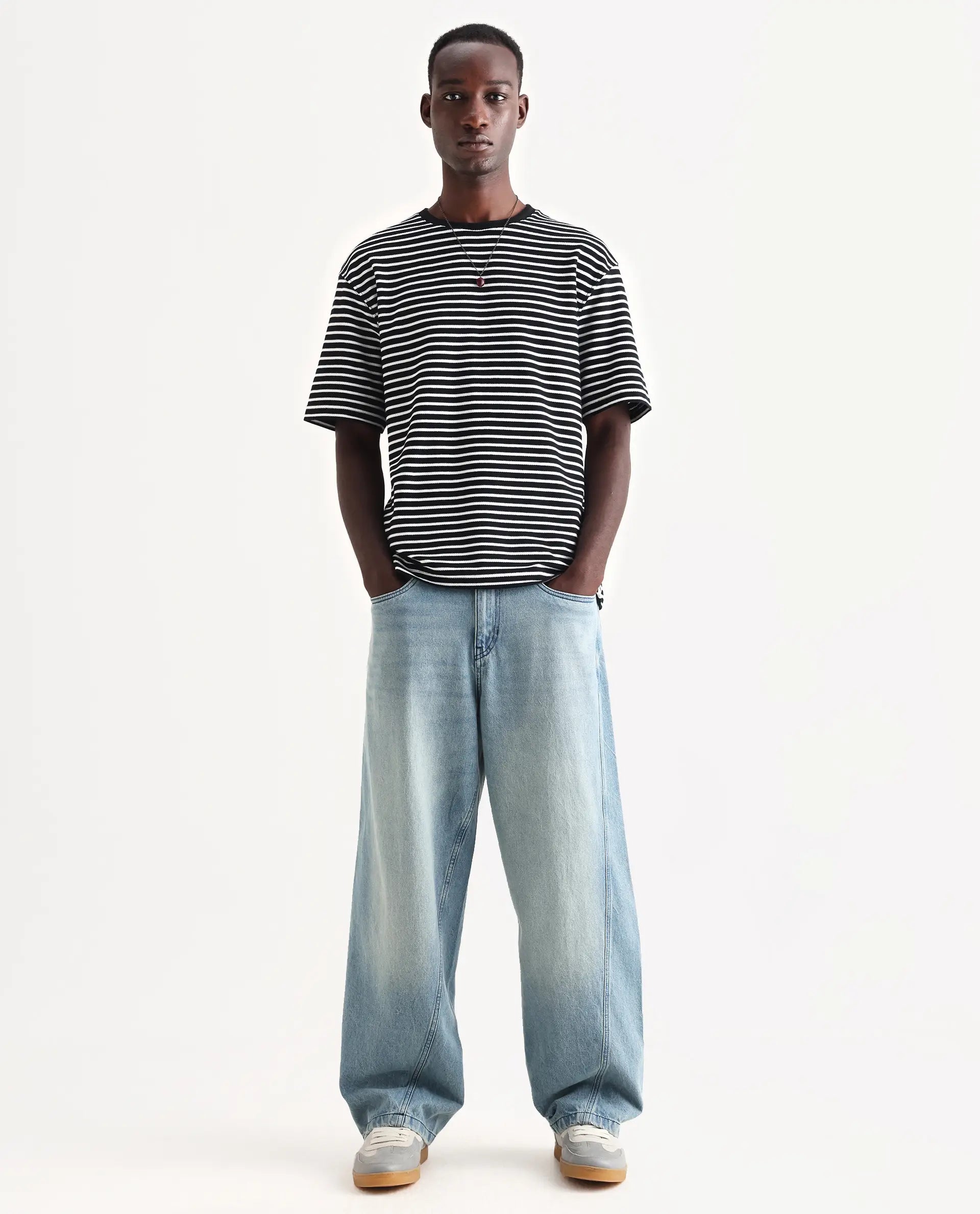 Rare Rabbit Men's Bo Blue Cotton Plain Baggy Fit Jeans