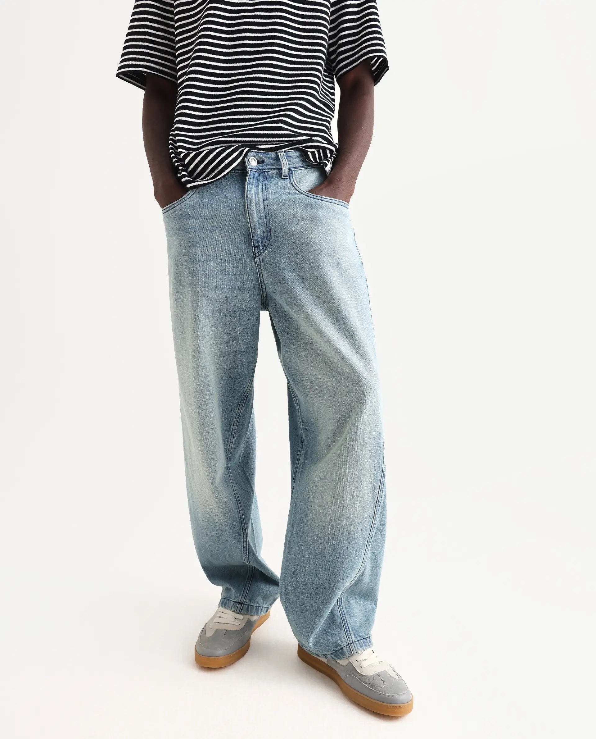 Rare Rabbit Men's Bo Blue Cotton Plain Baggy Fit Jeans