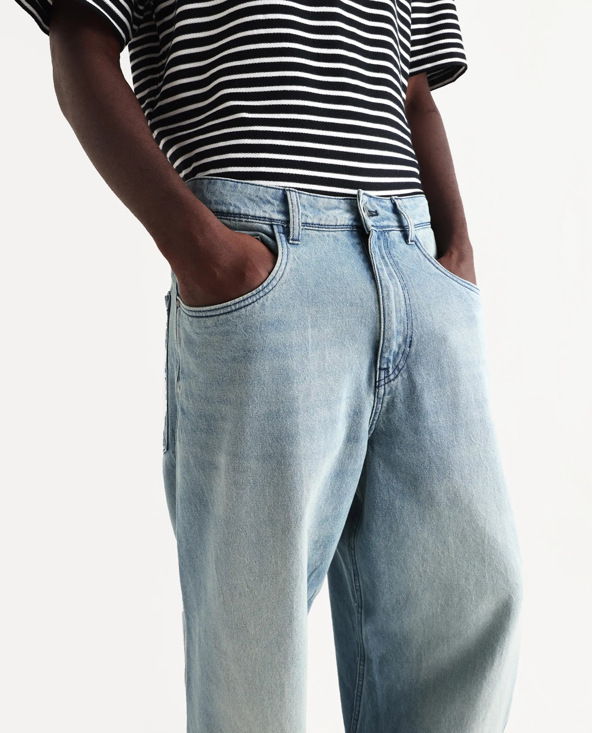 Rare Rabbit Men's Bo Blue Cotton Plain Baggy Fit Jeans