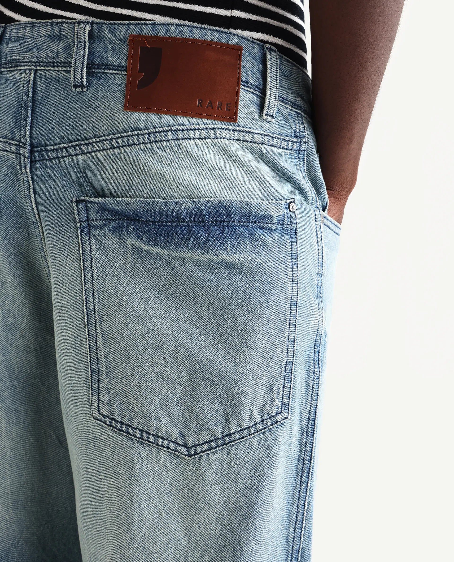 Rare Rabbit Men's Bo Blue Cotton Plain Baggy Fit Jeans