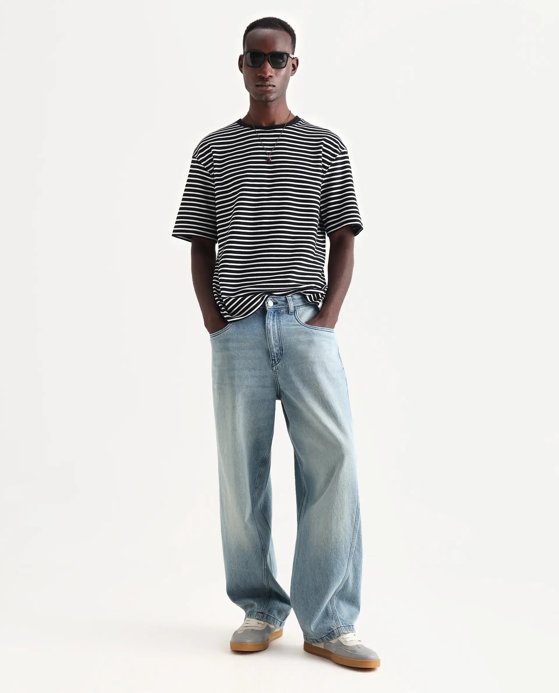 Rare Rabbit Men's Bo Blue Cotton Plain Baggy Fit Jeans