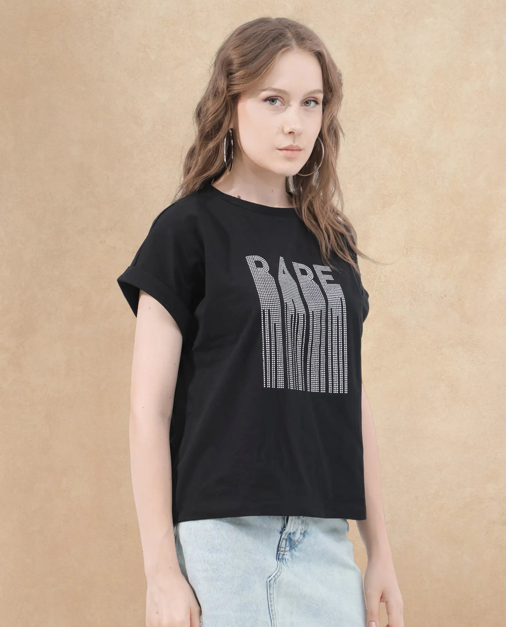 Rareism Women's Bocato Black Cotton Blend Crew Neck Graphic Print Extended Sleeves Regular Fit T-Shirt