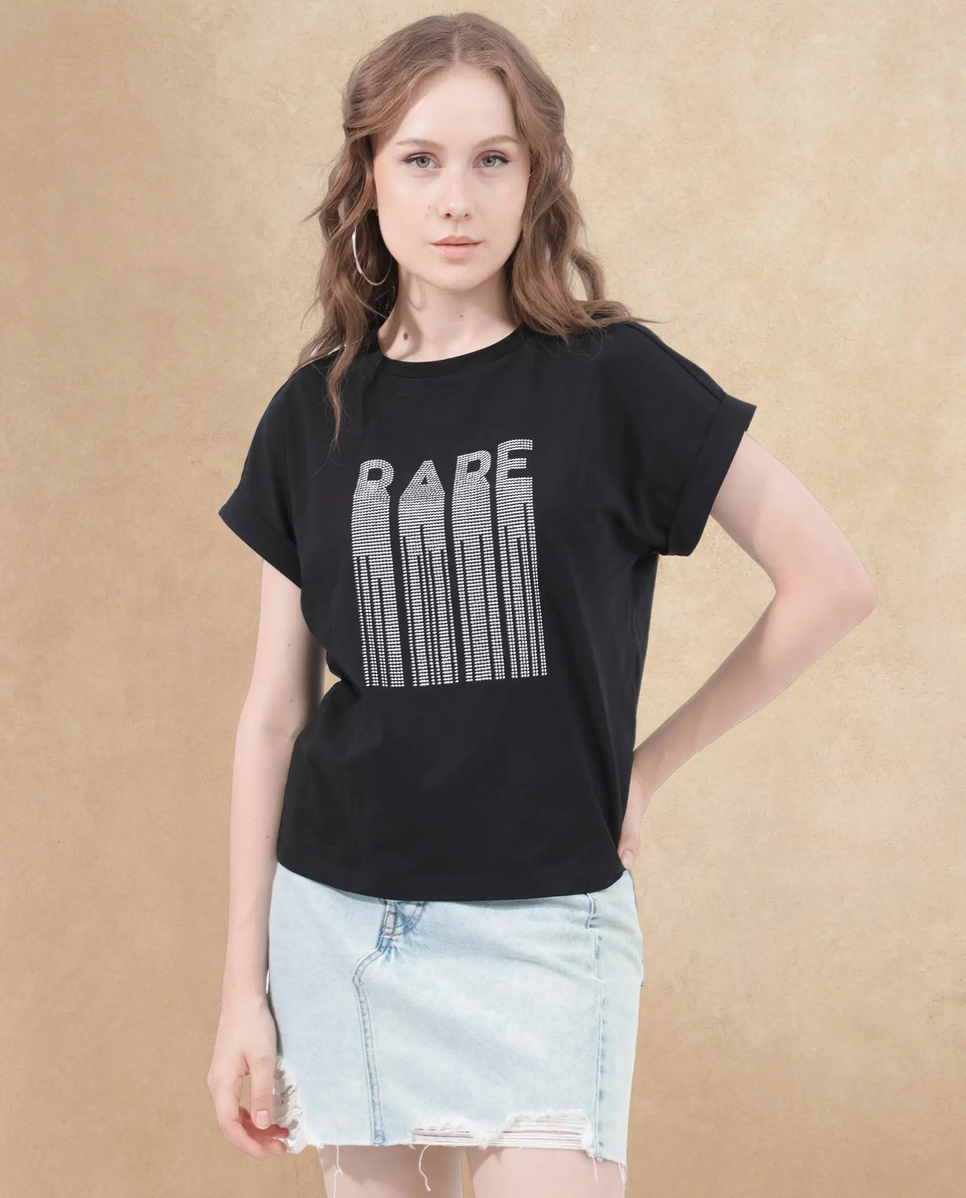 Rareism Women's Bocato Black Cotton Blend Crew Neck Graphic Print Extended Sleeves Regular Fit T-Shirt