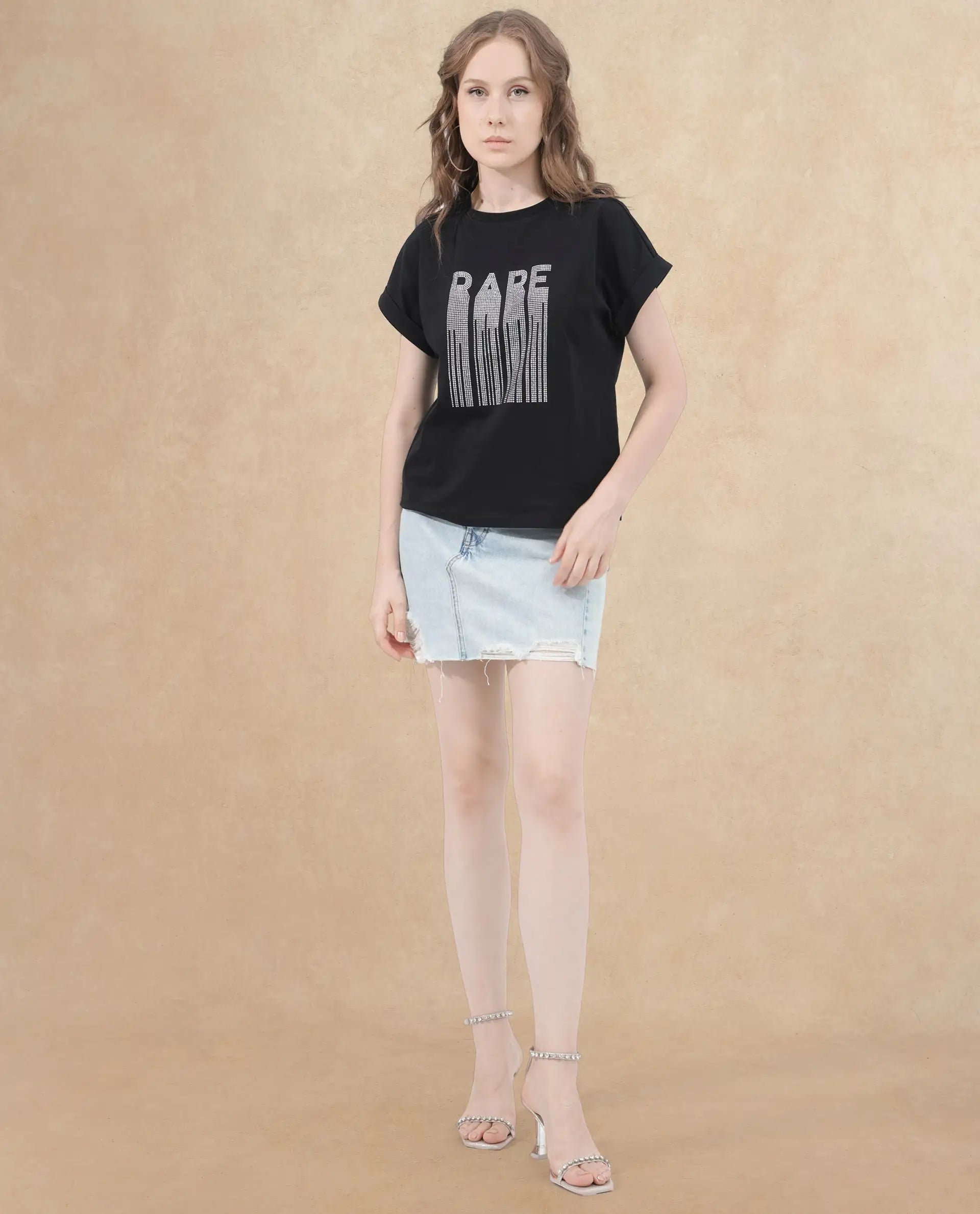 Rareism Women's Bocato Black Cotton Blend Crew Neck Graphic Print Extended Sleeves Regular Fit T-Shirt