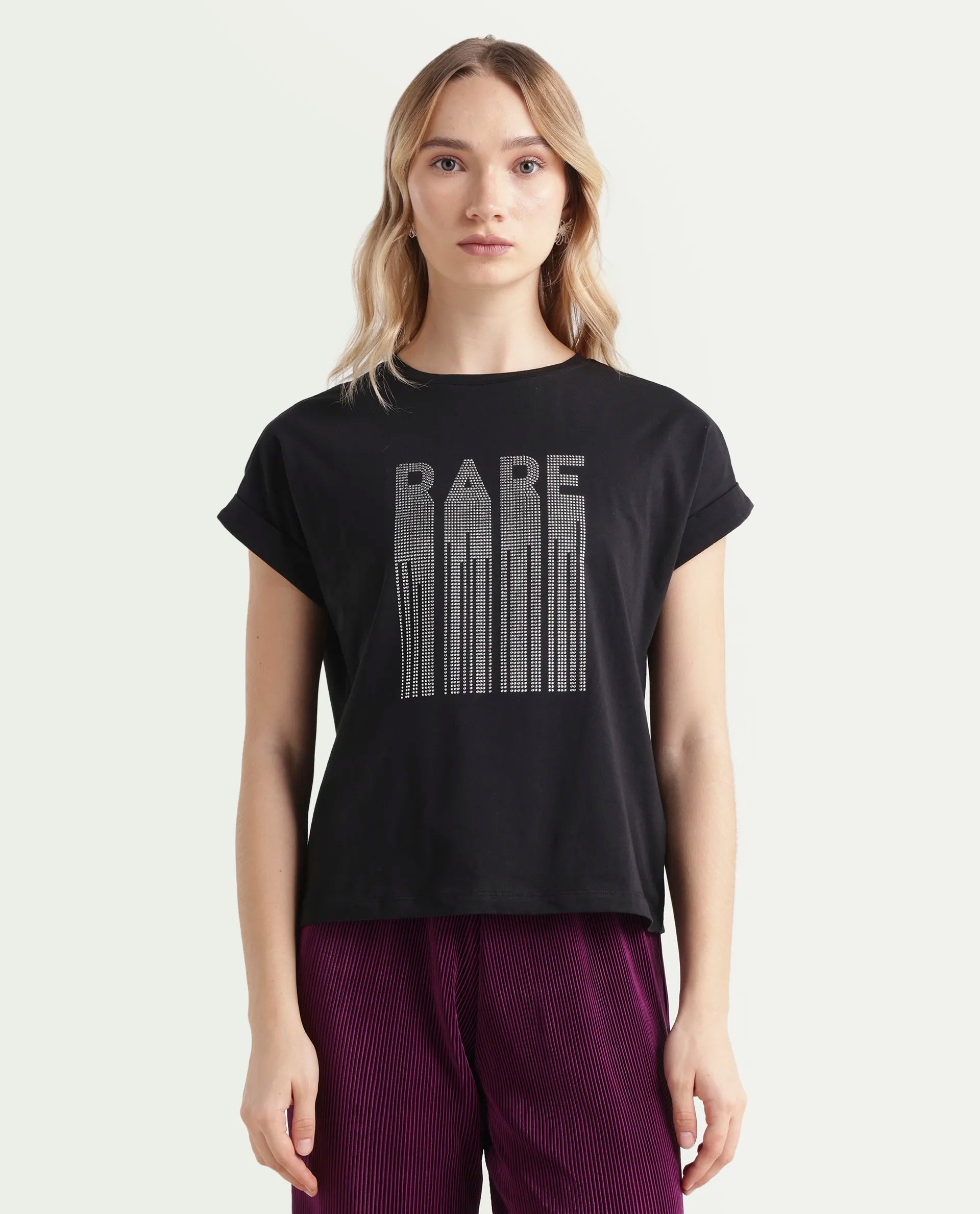 Rareism Women's Bocato Black Cotton Blend Crew Neck Graphic Print Extended Sleeves Regular Fit T-Shirt