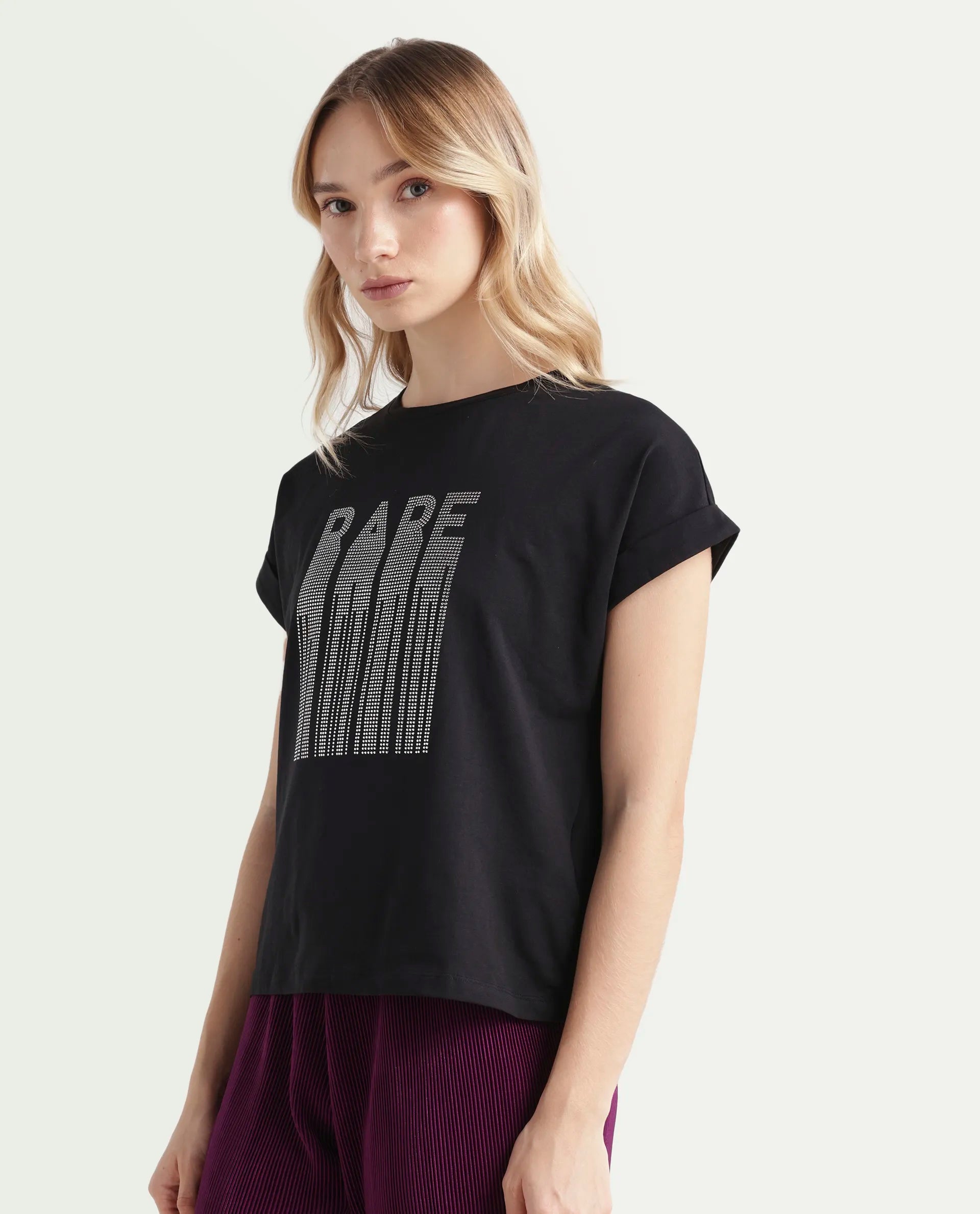 Rareism Women's Bocato Black Cotton Blend Crew Neck Graphic Print Extended Sleeves Regular Fit T-Shirt