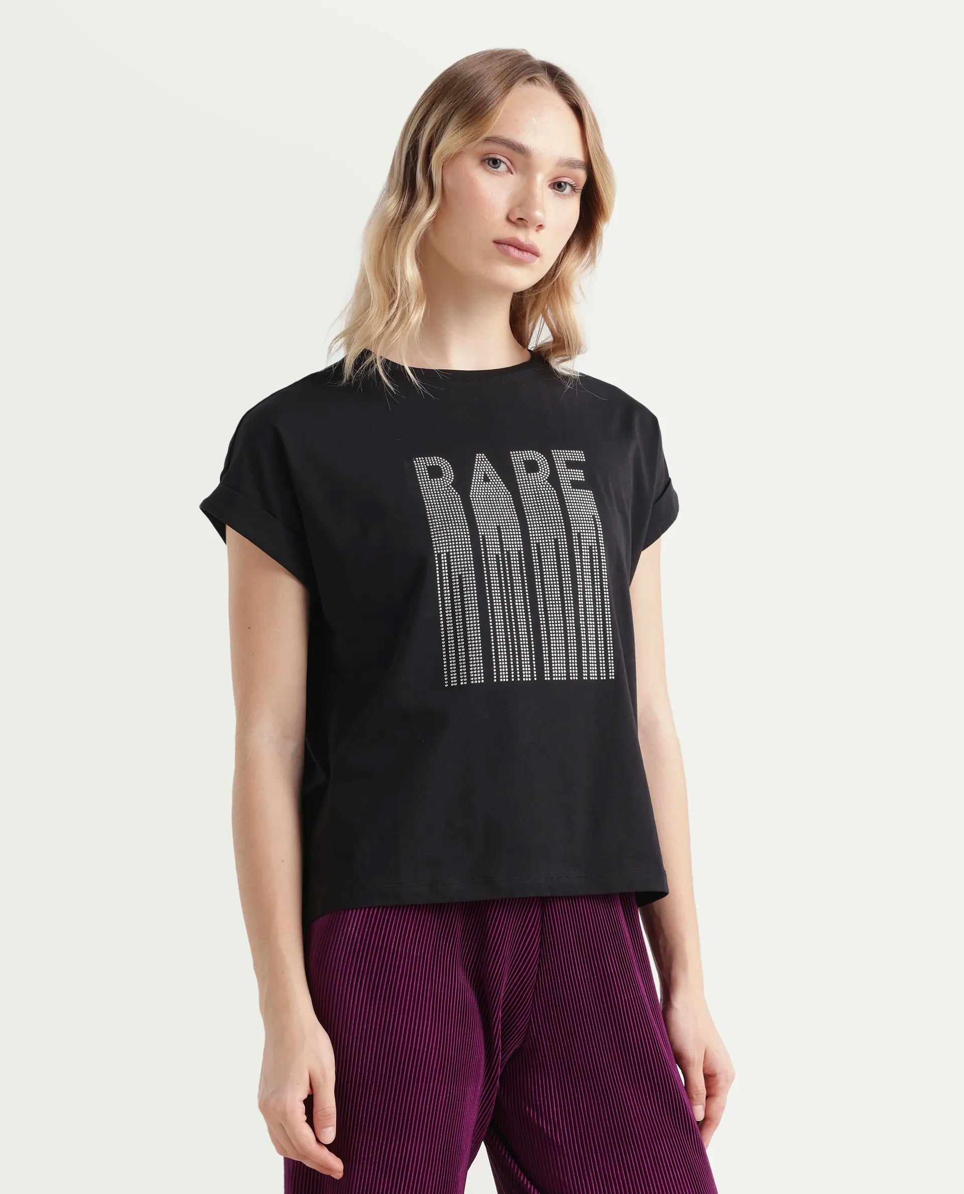 Rareism Women's Bocato Black Cotton Blend Crew Neck Graphic Print Extended Sleeves Regular Fit T-Shirt