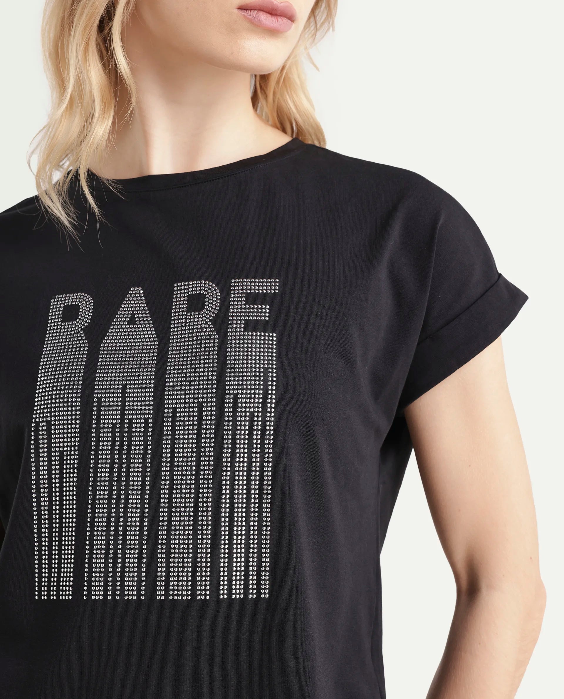 Rareism Women's Bocato Black Cotton Blend Crew Neck Graphic Print Extended Sleeves Regular Fit T-Shirt