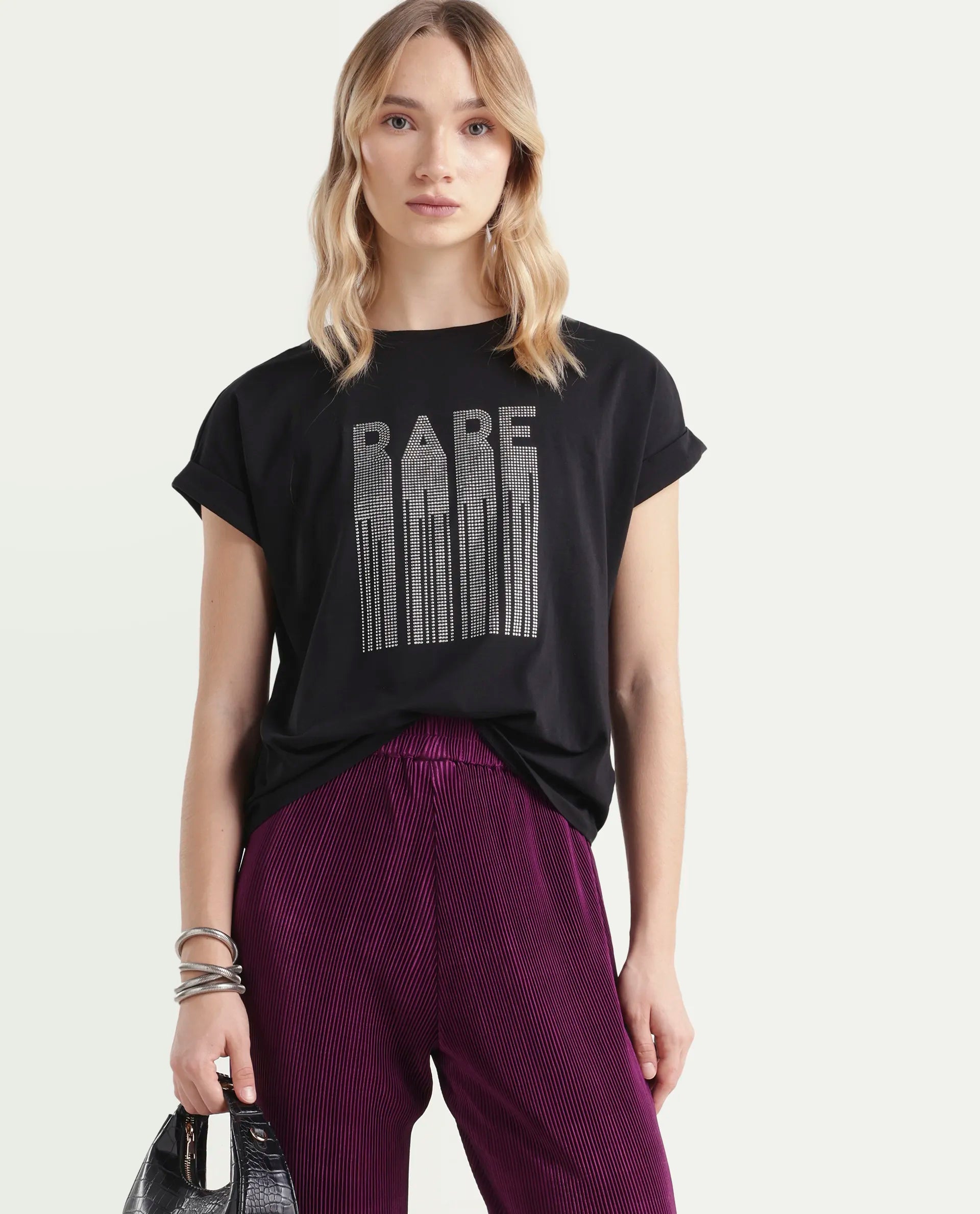 Rareism Women's Bocato Black Cotton Blend Crew Neck Graphic Print Extended Sleeves Regular Fit T-Shirt