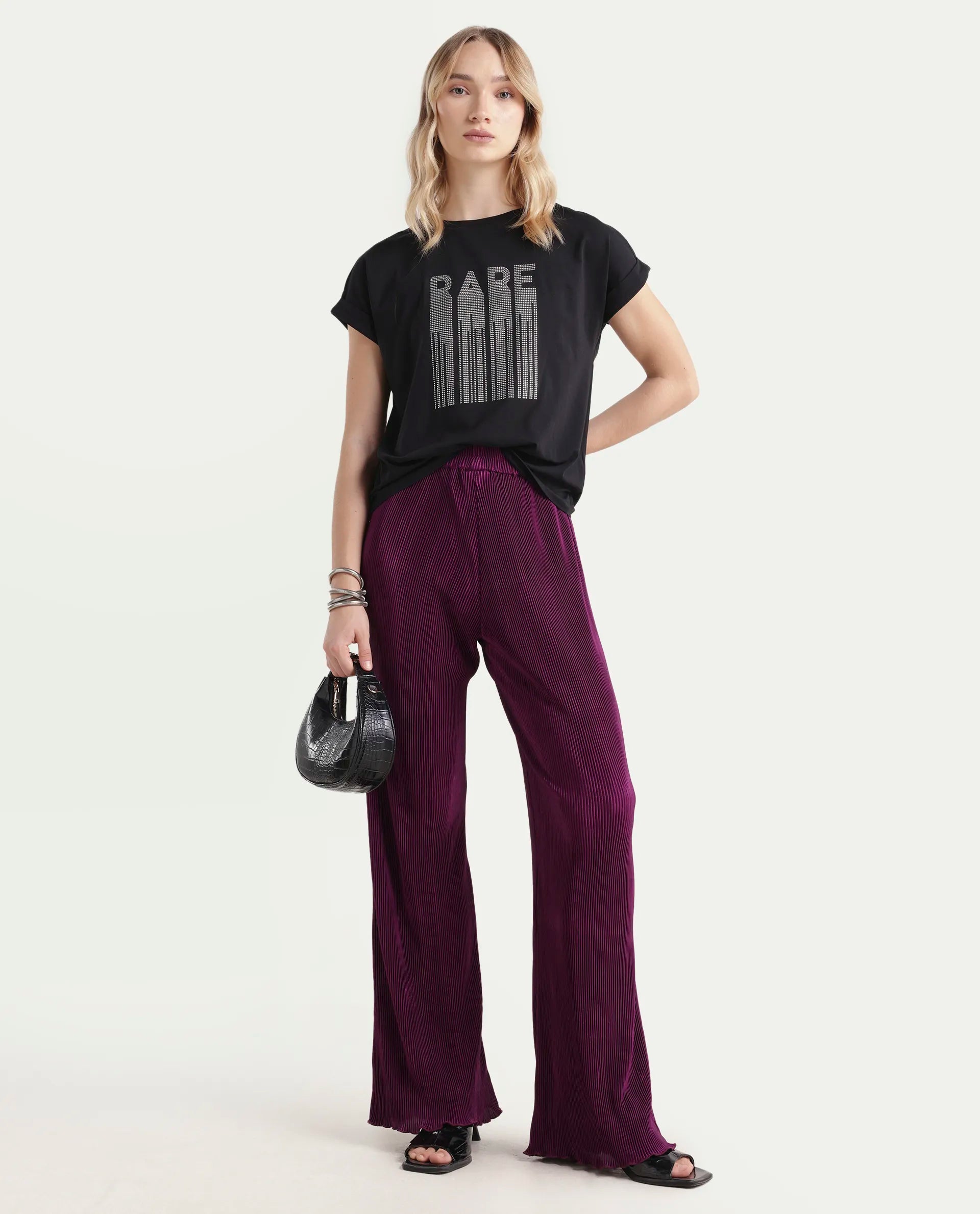 Rareism Women's Bocato Black Cotton Blend Crew Neck Graphic Print Extended Sleeves Regular Fit T-Shirt