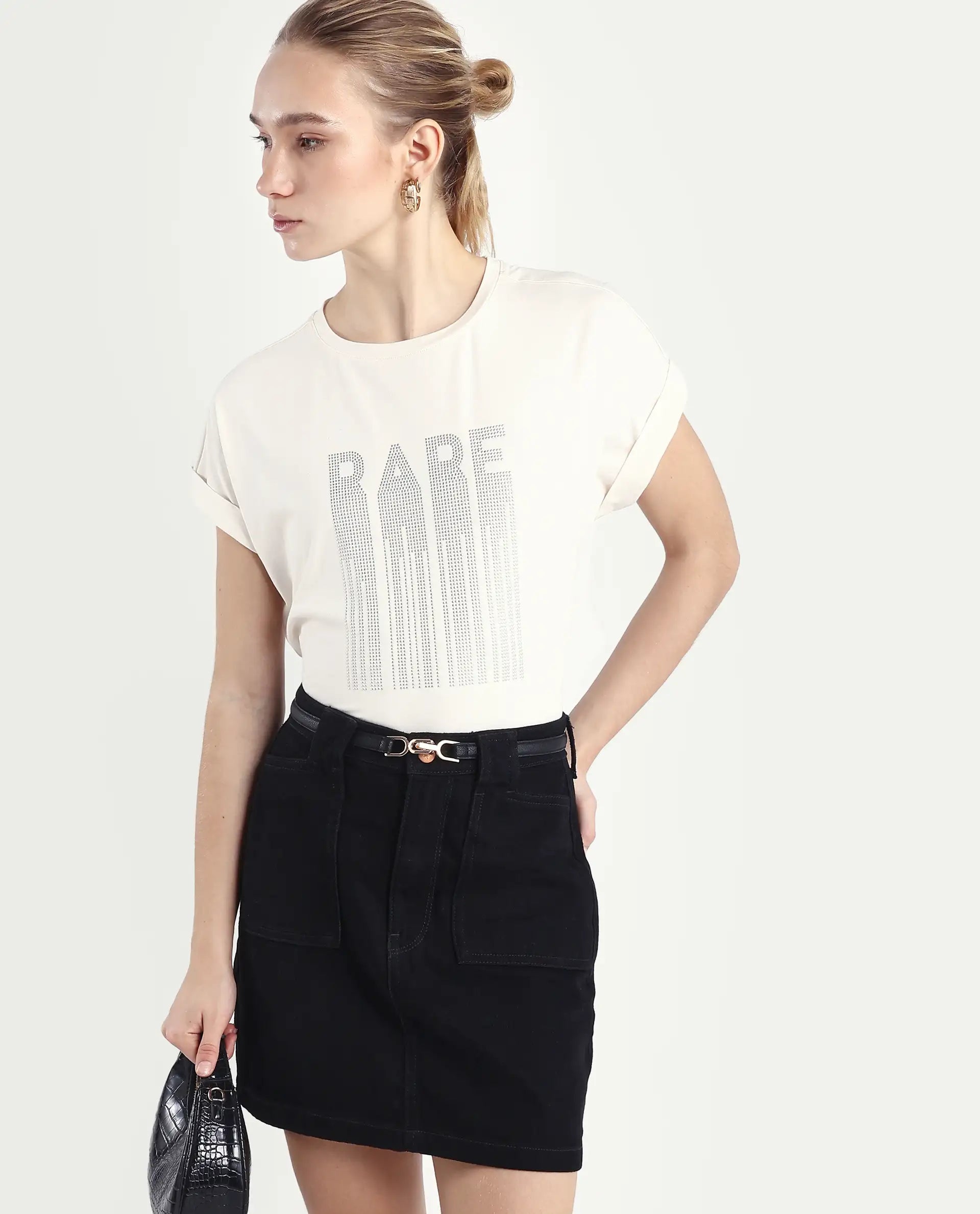 Rareism Women's Bocato Off White Cotton Blend Crew Neck Graphic Print Extended Sleeves Regular Fit T-Shirt