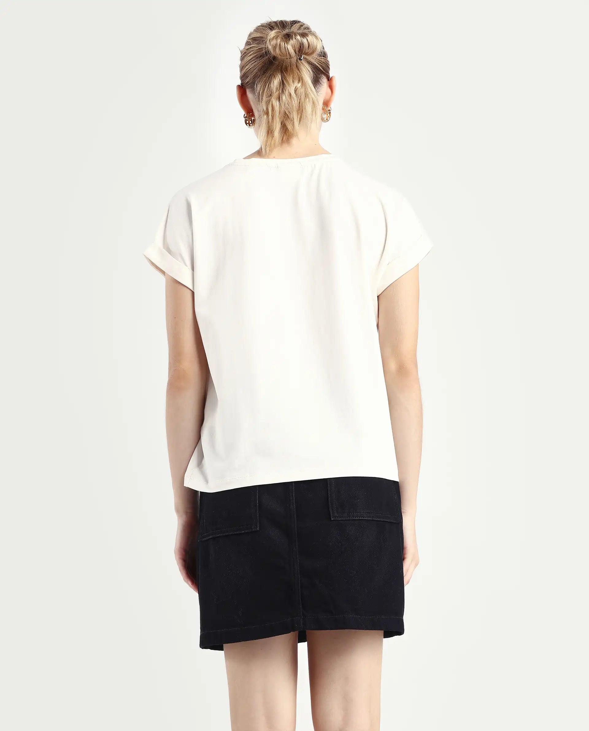 Rareism Women's Bocato Off White Cotton Blend Crew Neck Graphic Print Extended Sleeves Regular Fit T-Shirt