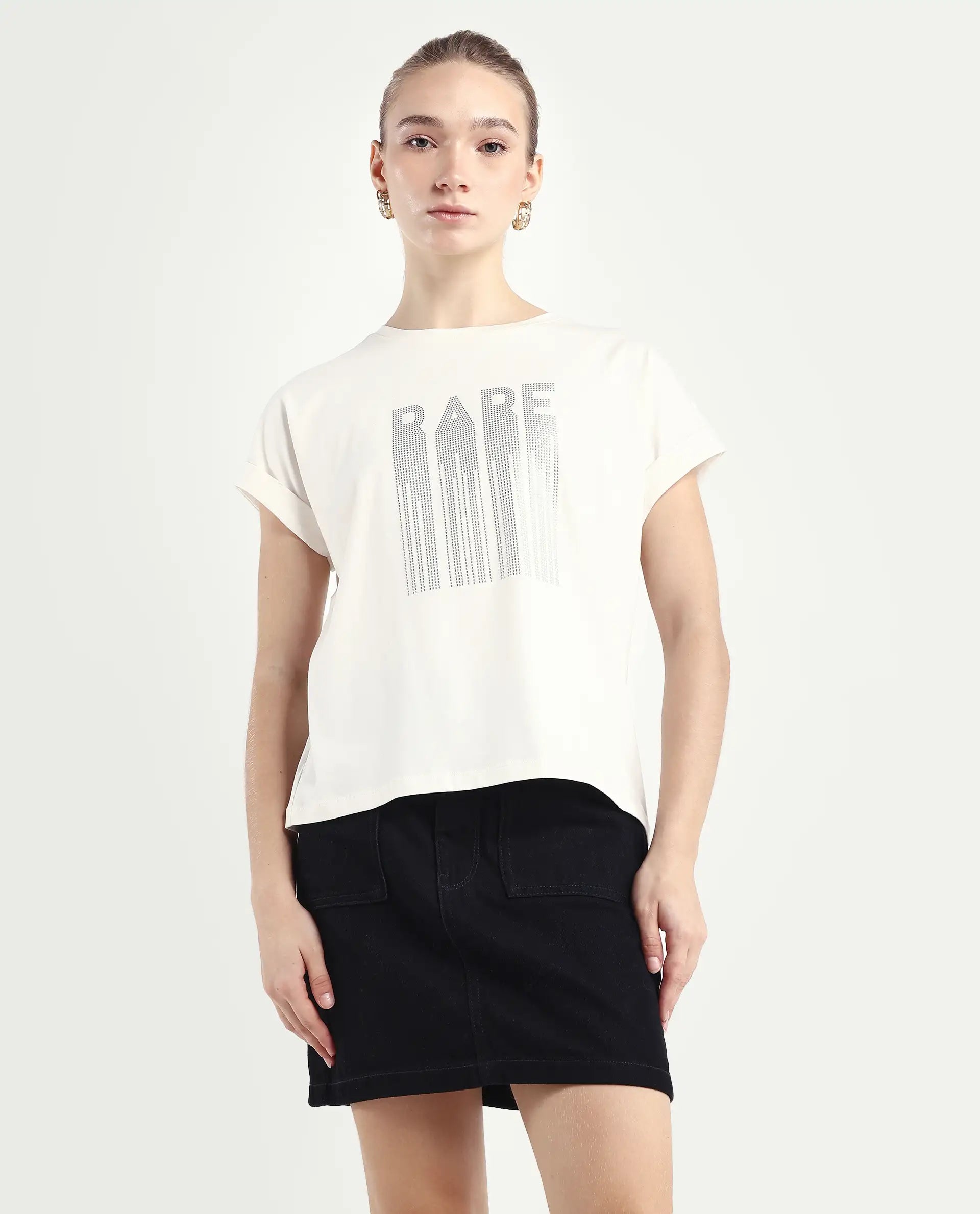 Rareism Women's Bocato Off White Cotton Blend Crew Neck Graphic Print Extended Sleeves Regular Fit T-Shirt