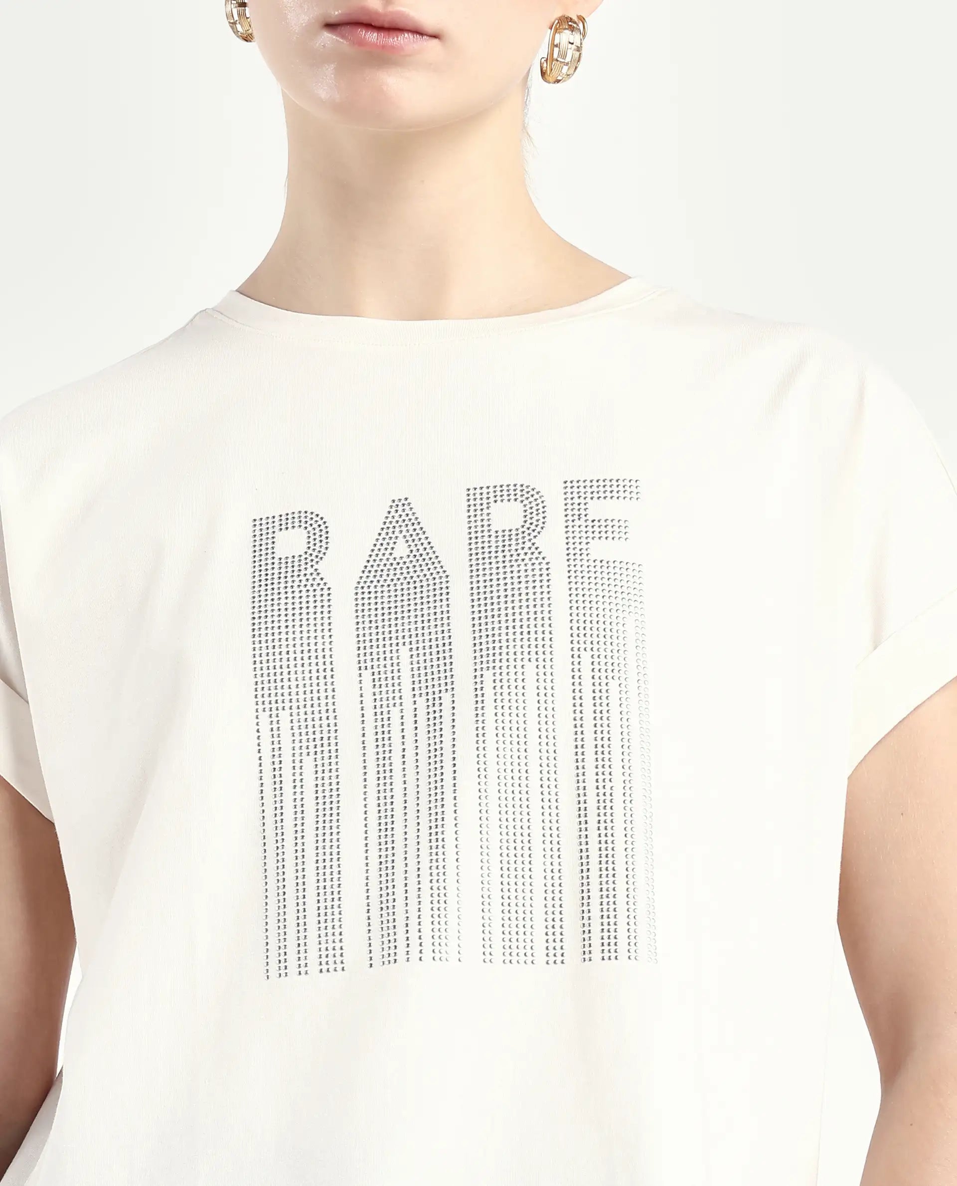 Rareism Women's Bocato Off White Cotton Blend Crew Neck Graphic Print Extended Sleeves Regular Fit T-Shirt