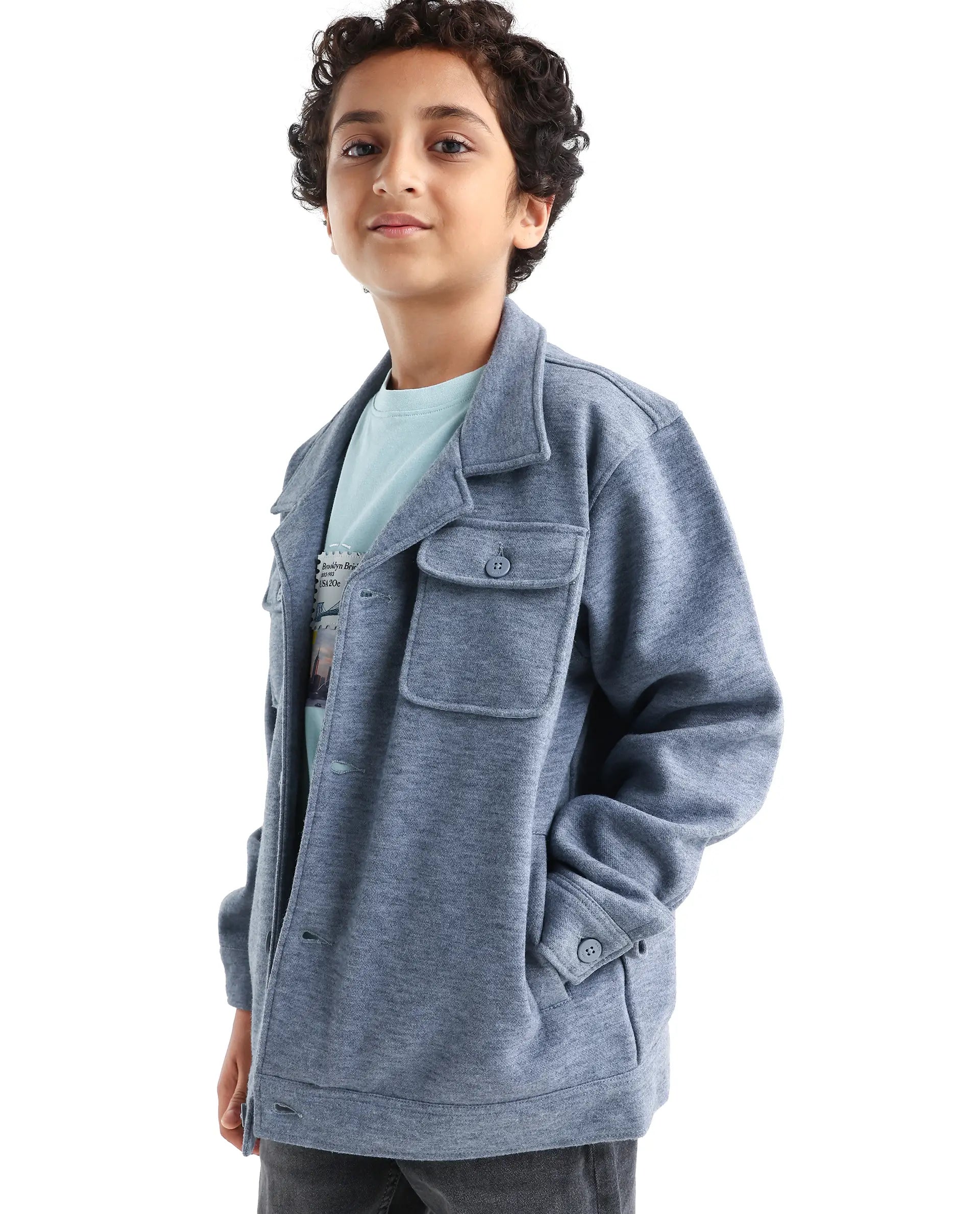 Rare Ones Kids Bochin Blue Polyester Button Closure Flat Collar Plain Full Sleeves Regular Fit Jacket
