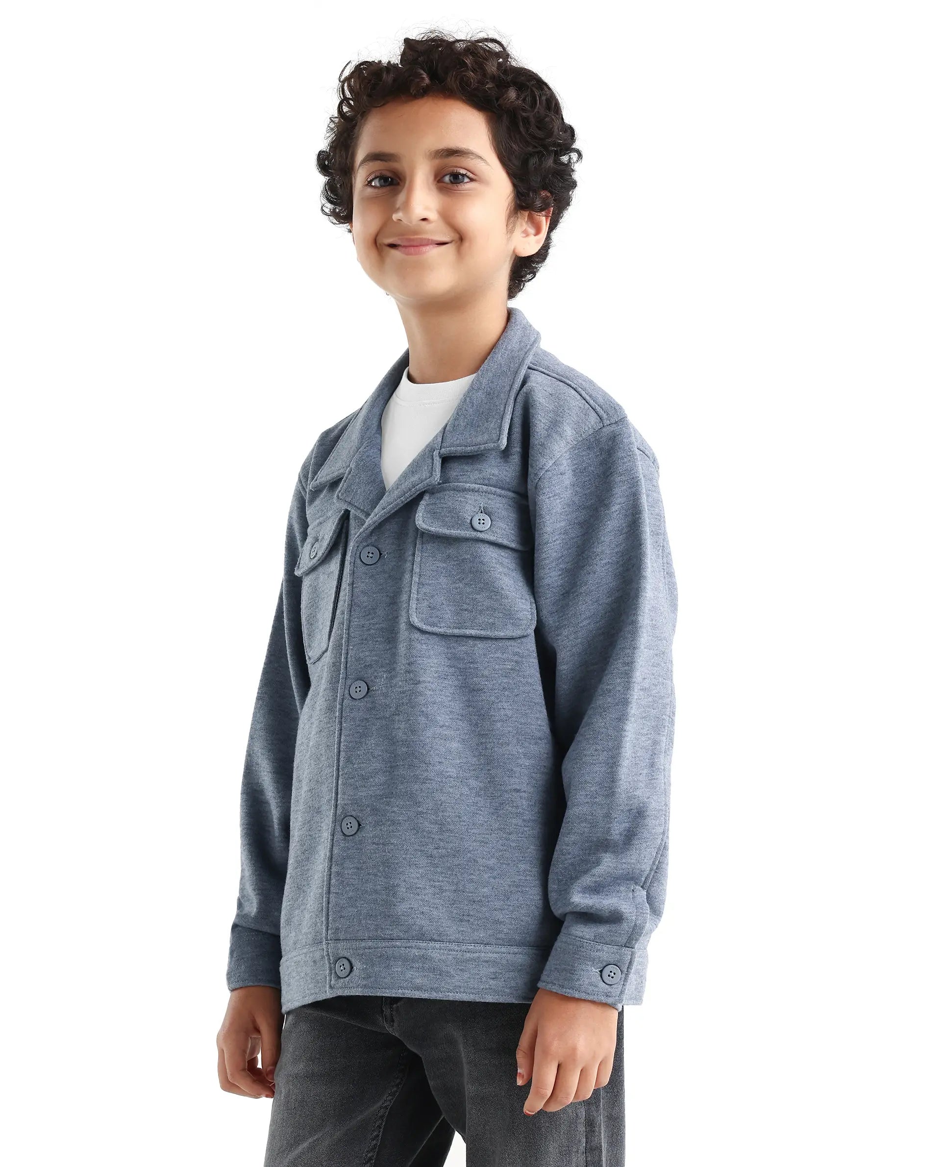 Rare Ones Kids Bochin Blue Polyester Button Closure Flat Collar Plain Full Sleeves Regular Fit Jacket