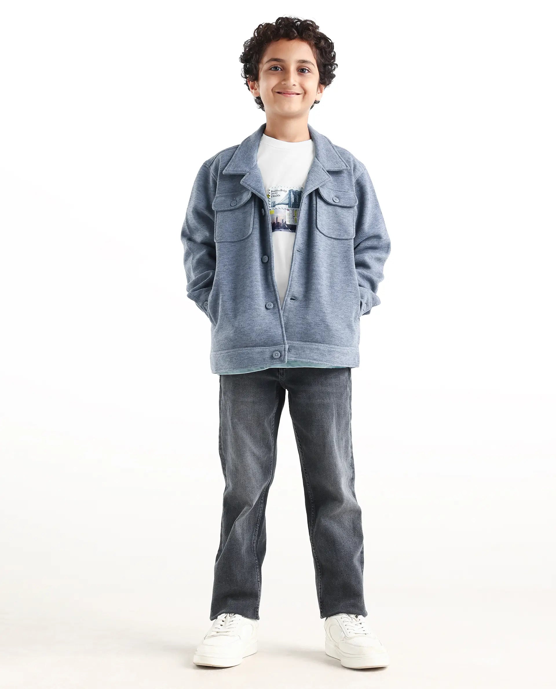Rare Ones Kids Bochin Blue Polyester Button Closure Flat Collar Plain Full Sleeves Regular Fit Jacket