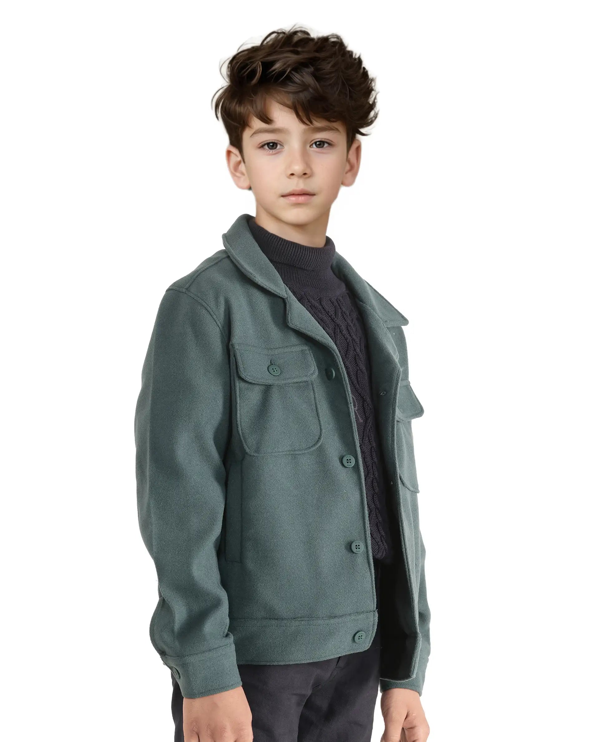 Rare Ones Kids Bochin Teal Button Closure Lapel Neck Full Sleeve Jacket