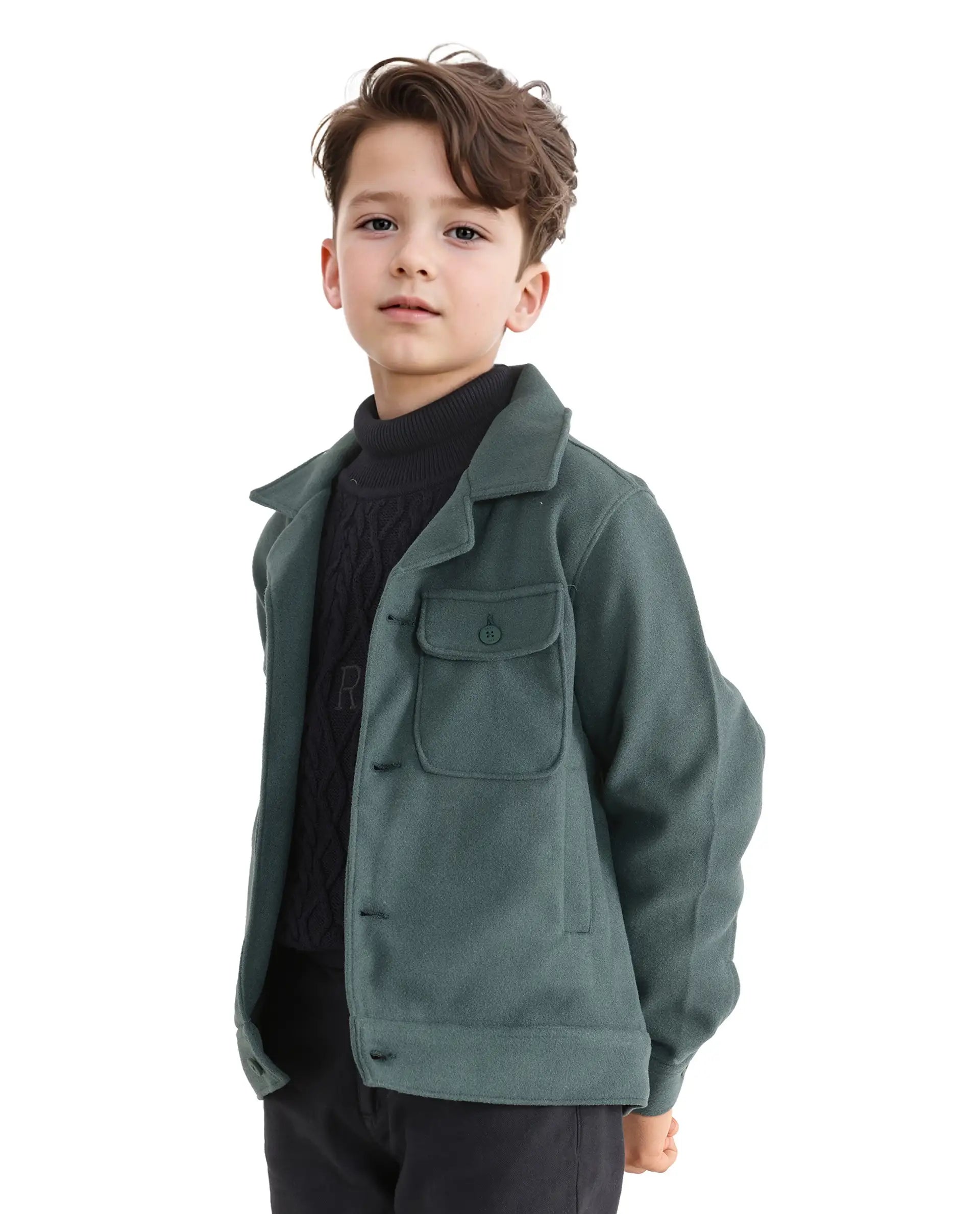 Rare Ones Kids Bochin Teal Button Closure Lapel Neck Full Sleeve Jacket