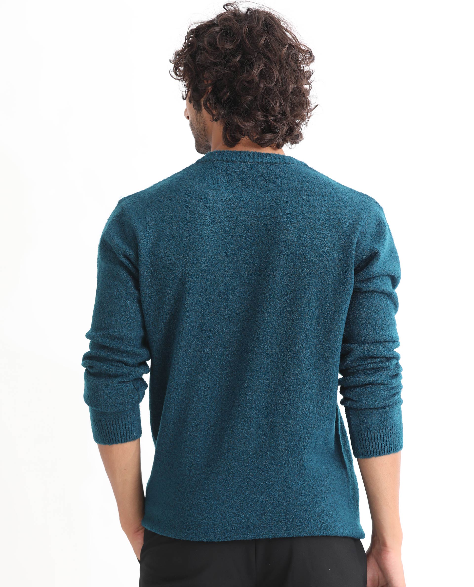 Rare Rabbit Mens Bocle Petrol Sweater Acrylic Polyester Fabric Crew Neck Knitted Full Sleeves Comfortable Fit