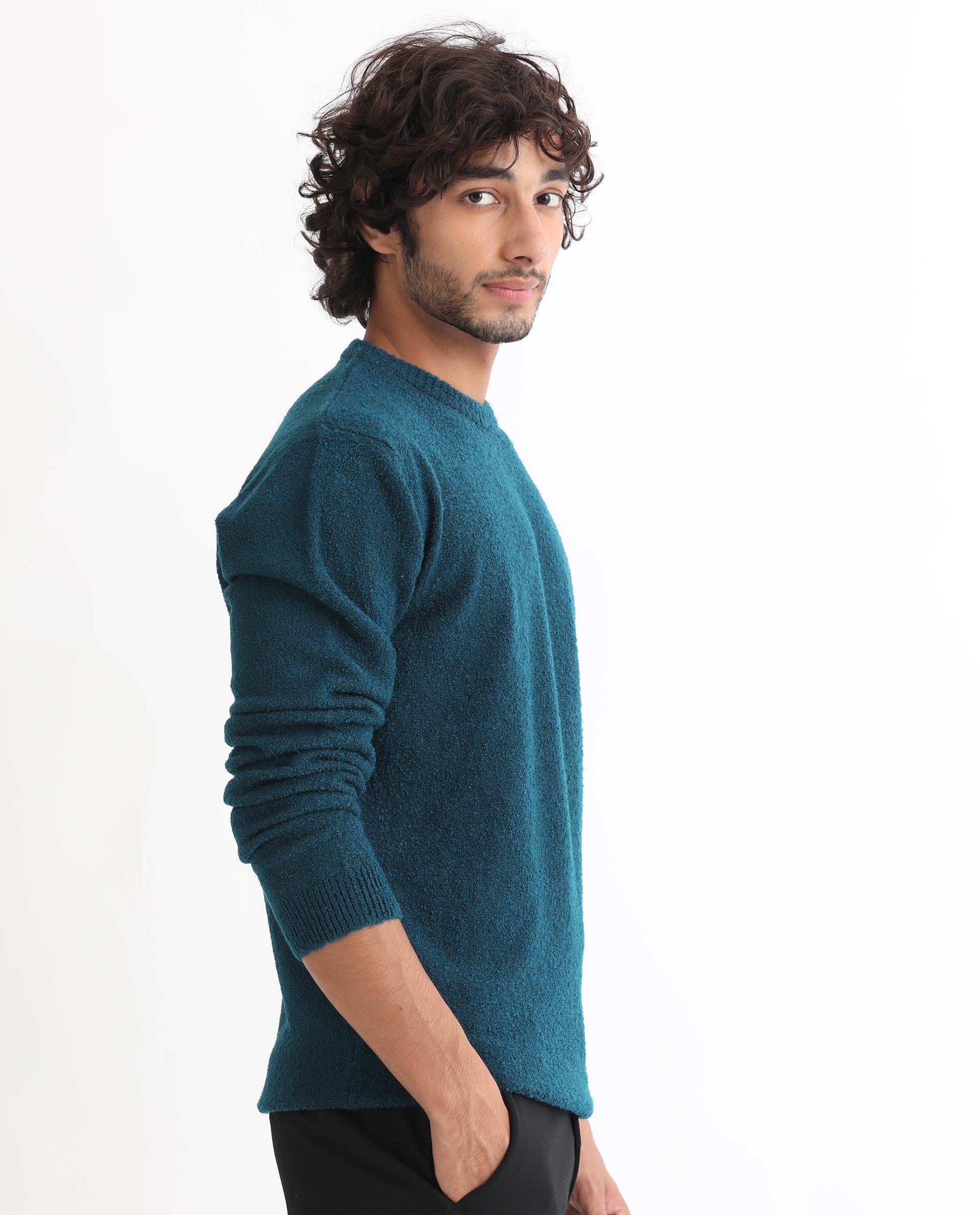 Rare Rabbit Mens Bocle Petrol Sweater Acrylic Polyester Fabric Crew Neck Knitted Full Sleeves Comfortable Fit