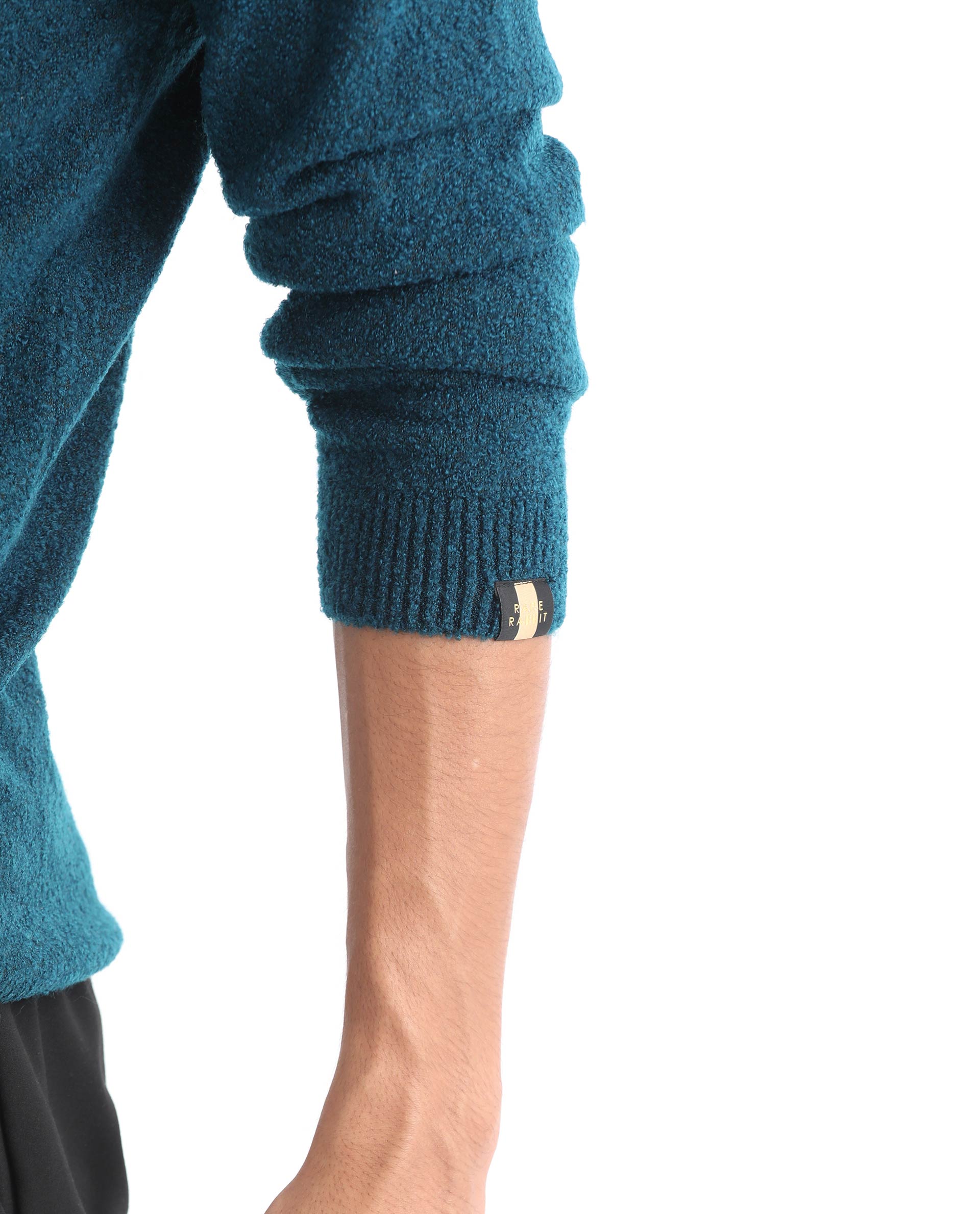 Rare Rabbit Mens Bocle Petrol Sweater Acrylic Polyester Fabric Crew Neck Knitted Full Sleeves Comfortable Fit