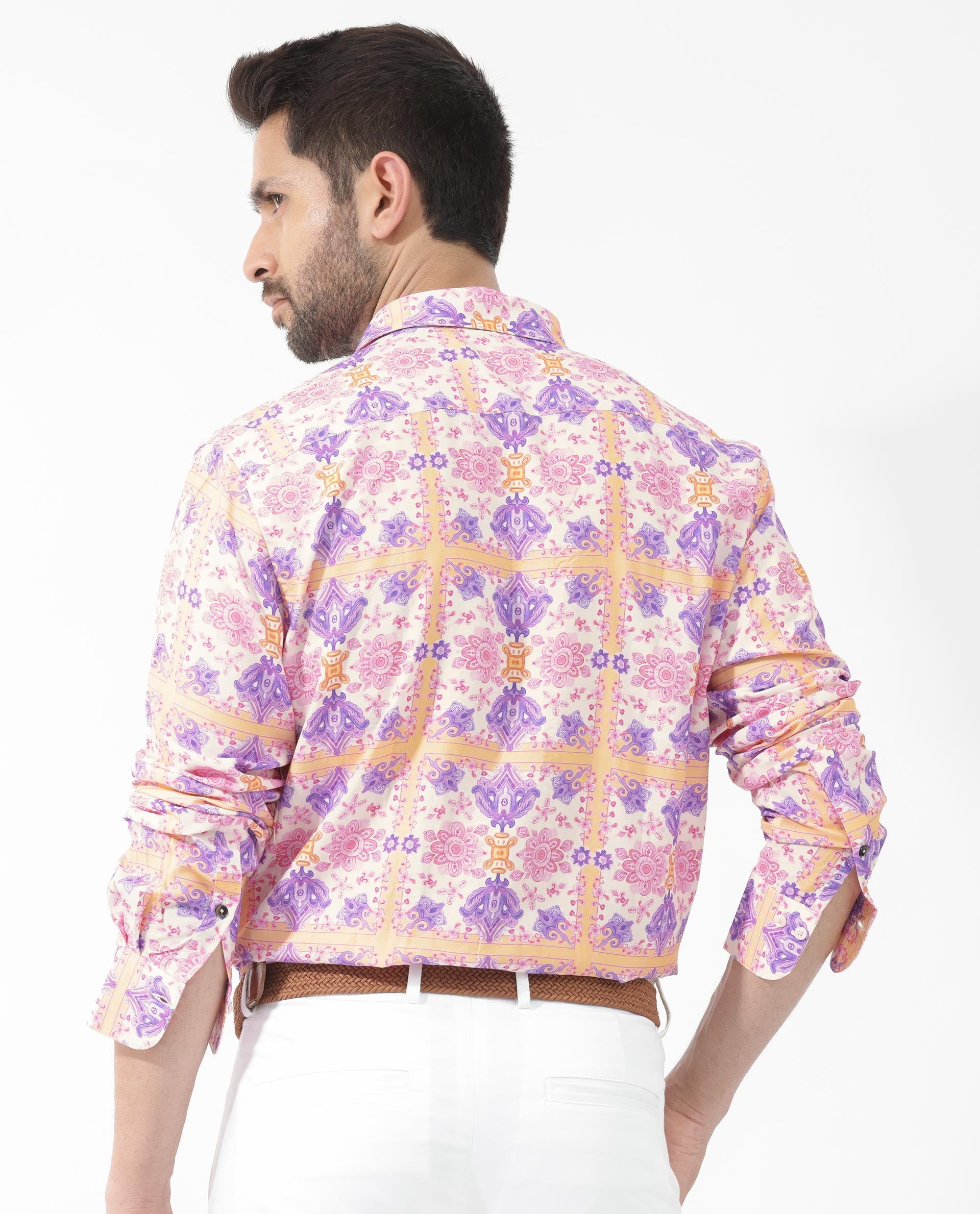 Rare Rabbit Mens Bodem Pink Full Sleeve Spread Collar Decorative Print Shirt